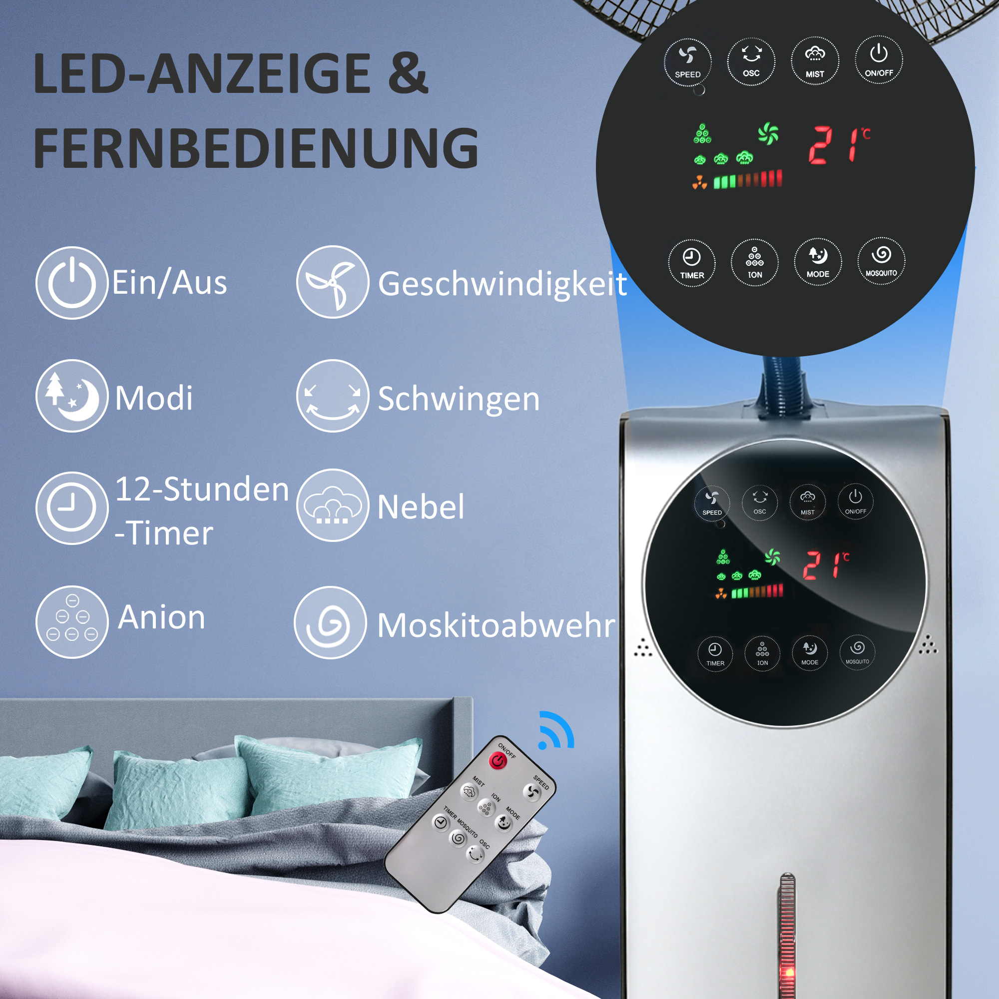 Standventilator mit Nebelfunktion 44,5 cm Schwarz