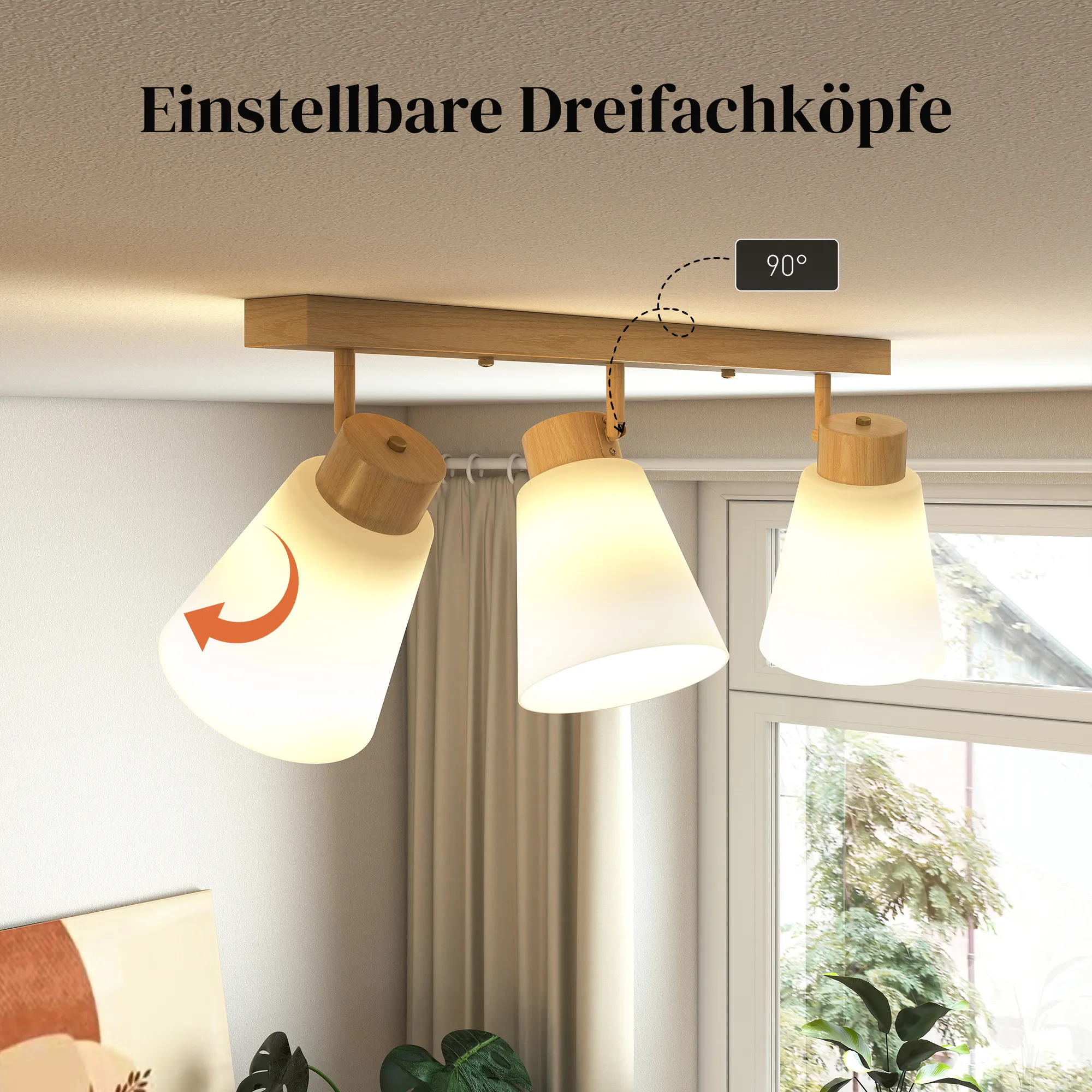 Deckenleuchte LED Naturholz mit 3 verstellbaren Köpfen, E27