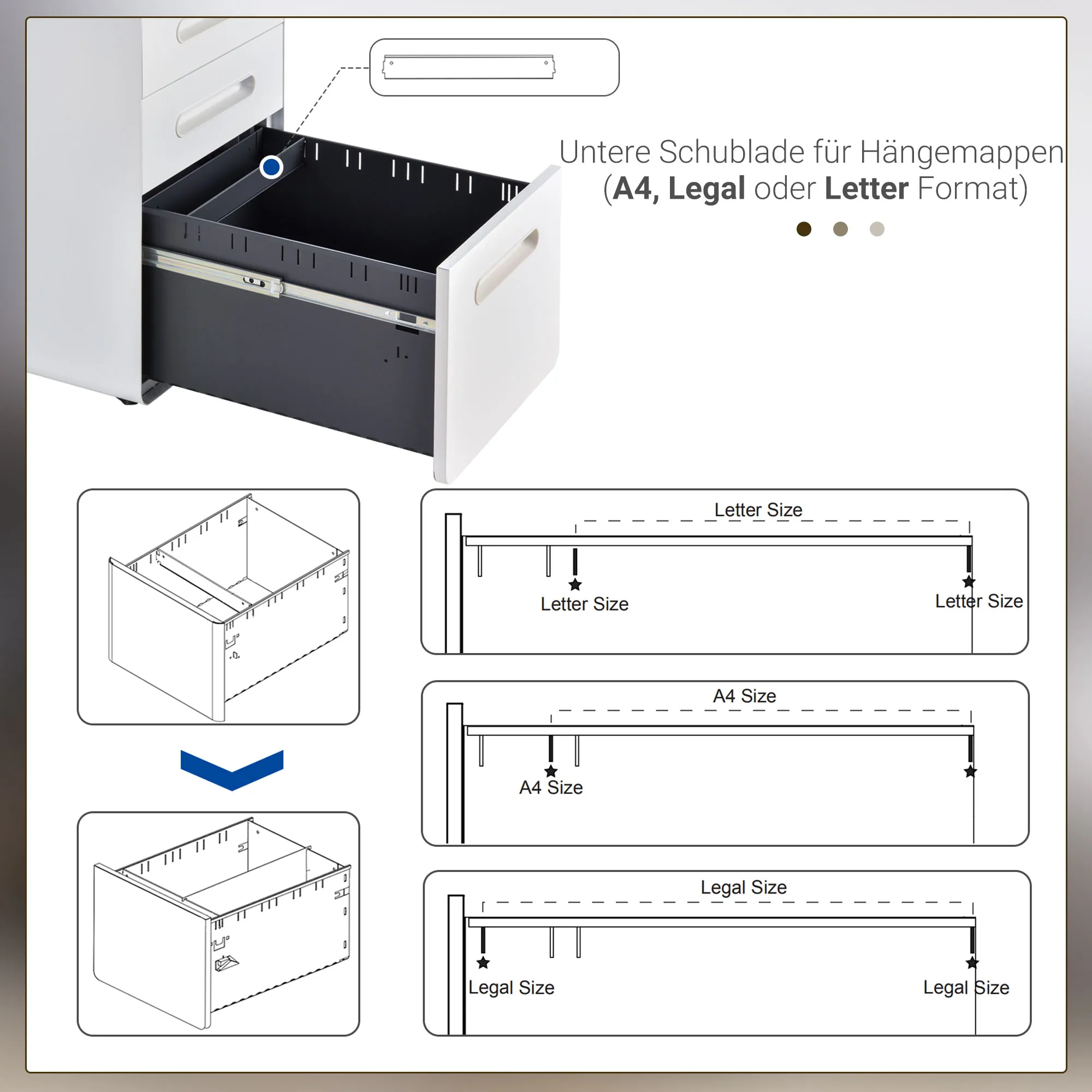 Rollcontainer mit 3 Schubladen mobiler Aktenschrank mit Rollen abschließbar Büroschrank mit Hängeregistratur Stiftfach, Bürocontainer Schreibtisch Unterschrank für Büro 39x48x59cm Weiß