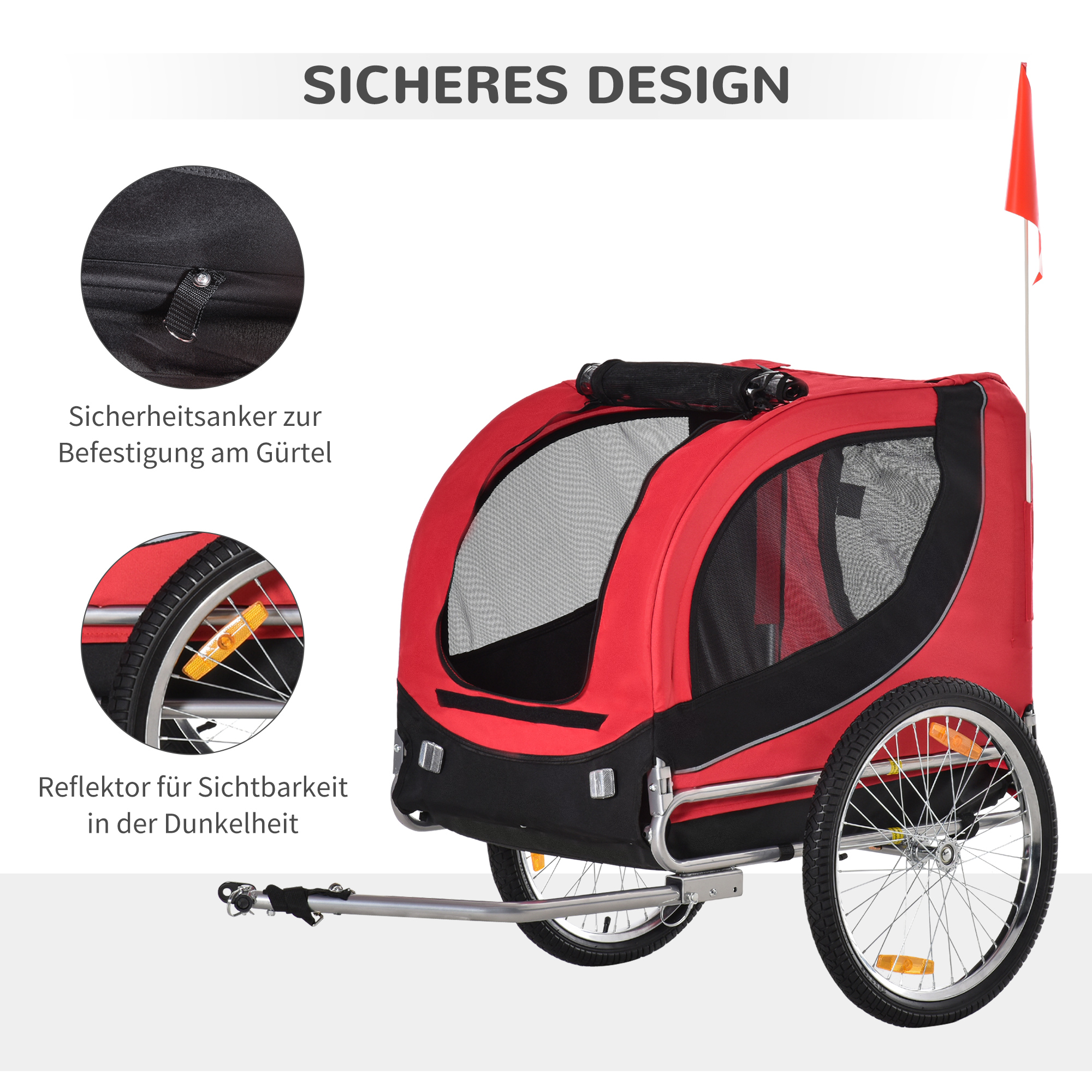 Hundeanhänger für Fahrräder bis 20 kg aus Stahl, Rot+Schwarz