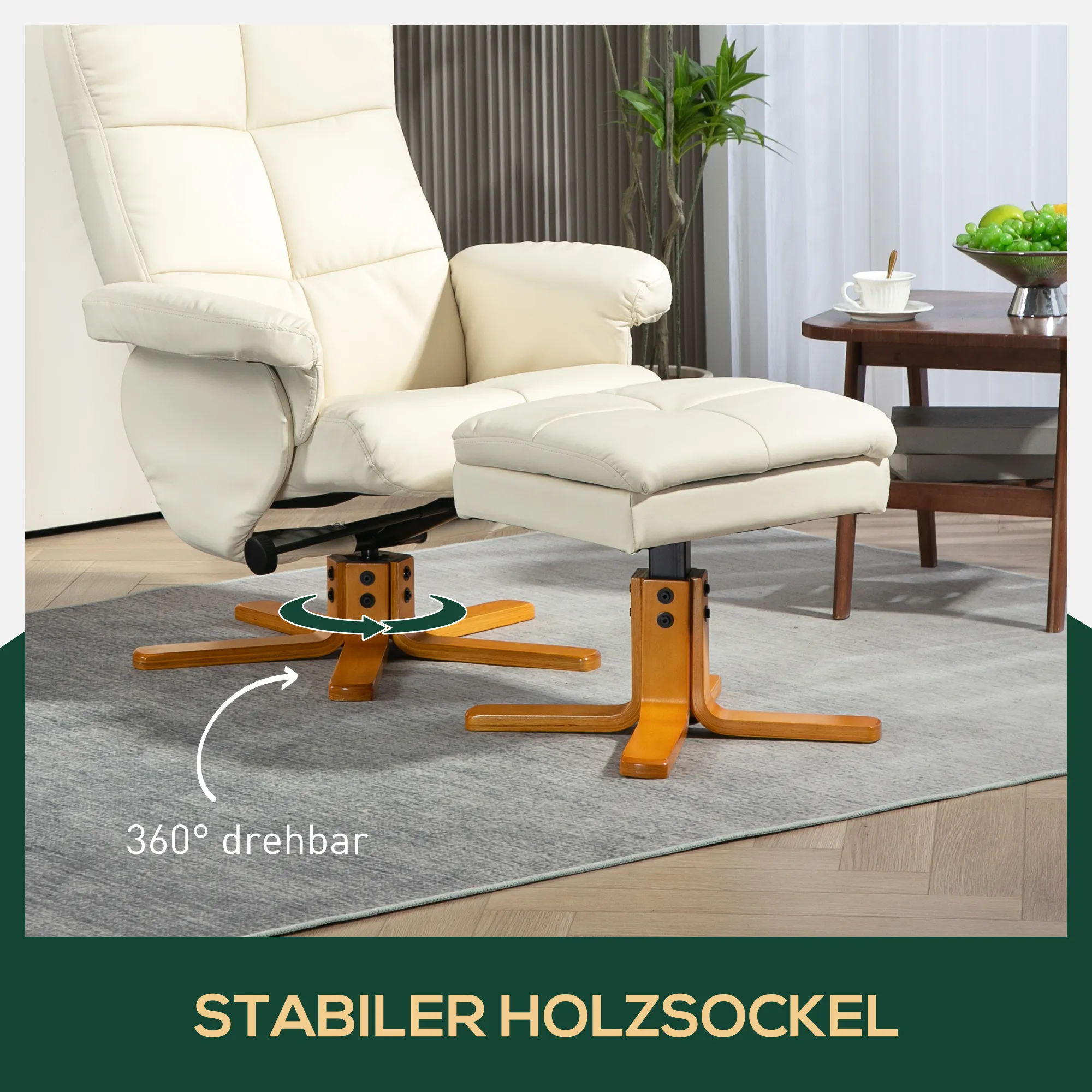 Relaxsessel mit Hocker, 145° neigbare Rückenlehne, 360° drehbar, Kunstleder, Cremeweiß