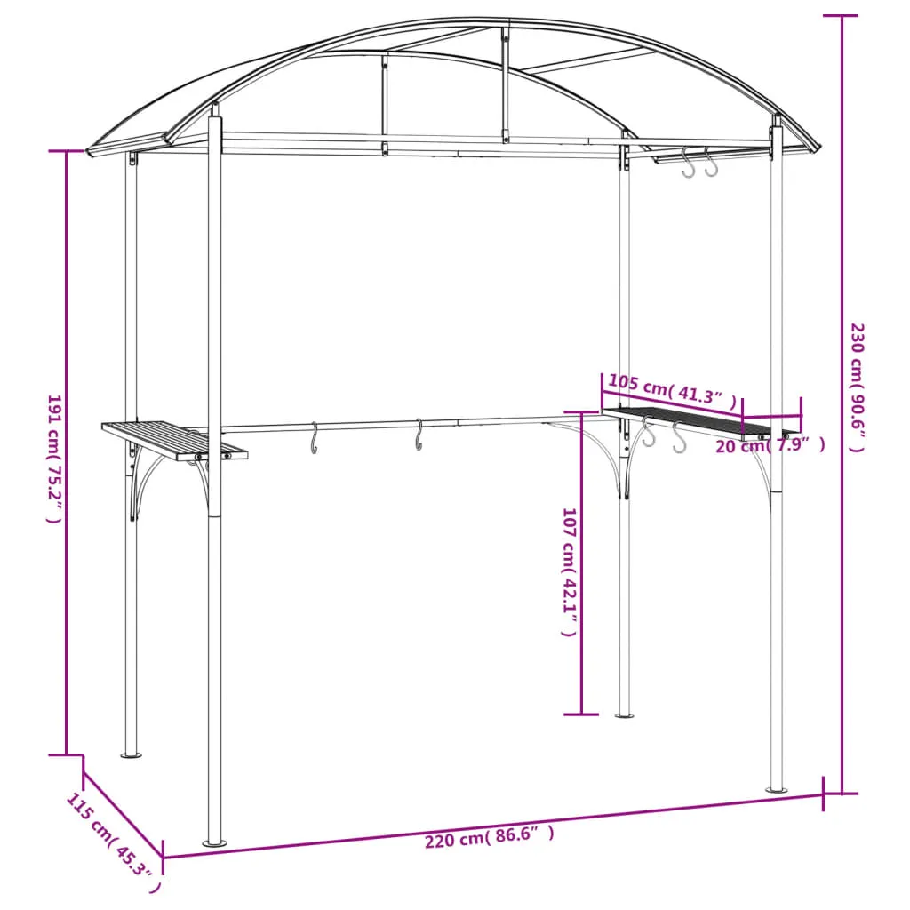 Grillpavillon Anthrazit 220 x 115 x 230 cm mit Stahlrahmen und PC-Dach