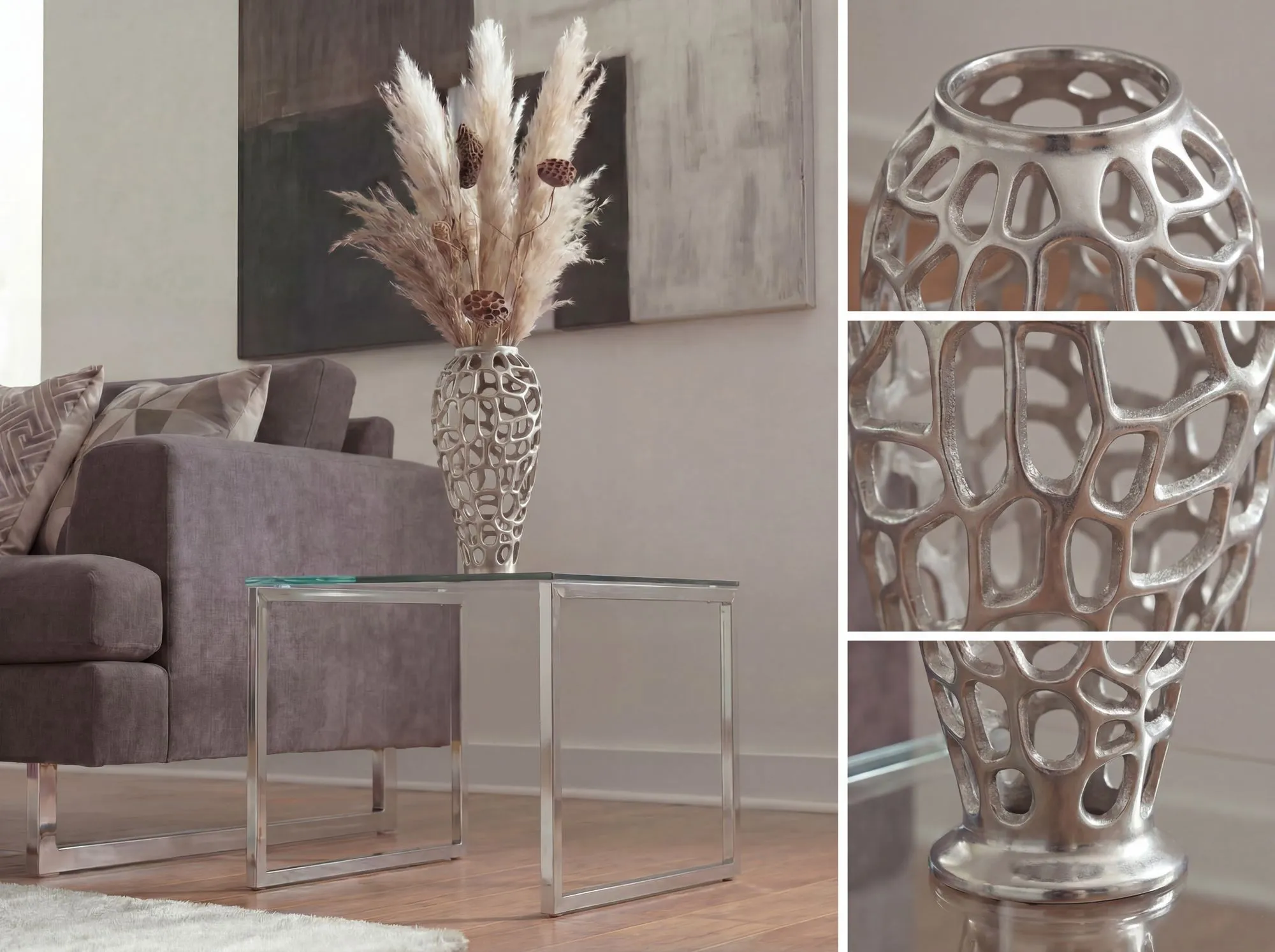 Dekovase Aluminium 45cm Silber - Design Blumenvase Groß - Metallvase Modern - Bodenvase rund für Trockenblumen - Standvase Hoch - Wohnzimmer Deko - Wohndeko Handmade