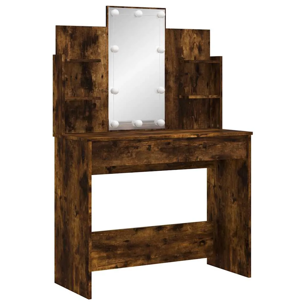 Schminktisch mit Spiegel und LED-Beleuchtung 96x40x142 cm Räuchereiche