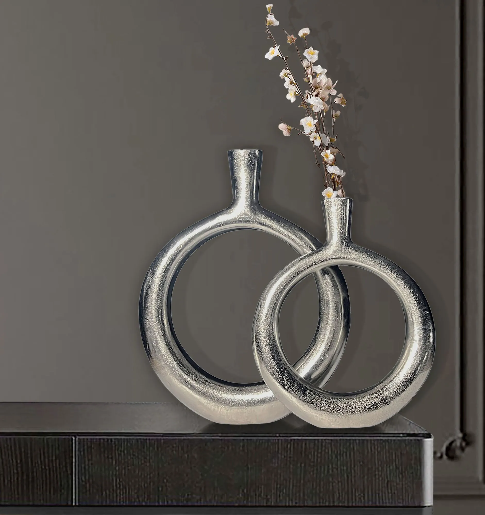 Deko Vase 2er Set Aluminium Silber Donut Blumenvase Modern