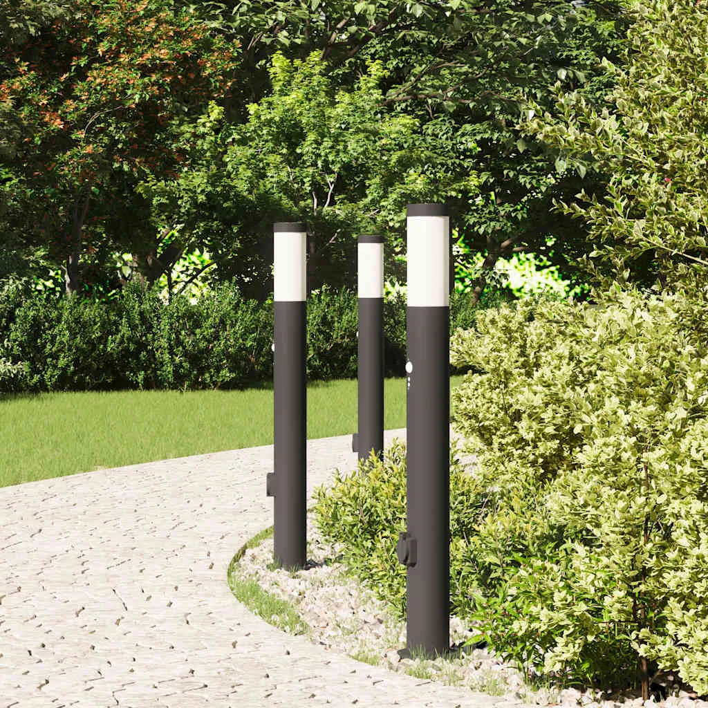Schwarze Edelstahl Pollerleuchte 11x80 cm mit Bewegungssensor und Steckdose