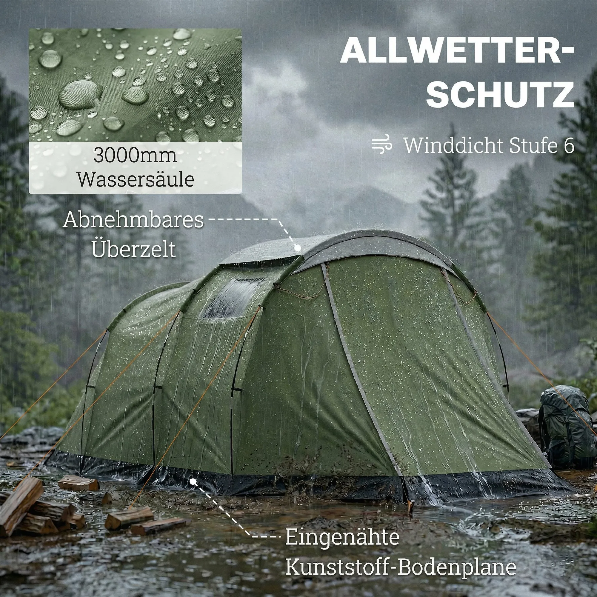 Zelt 4 Personen 460x260x190 cm Armeegrün-Schwarz-Grau