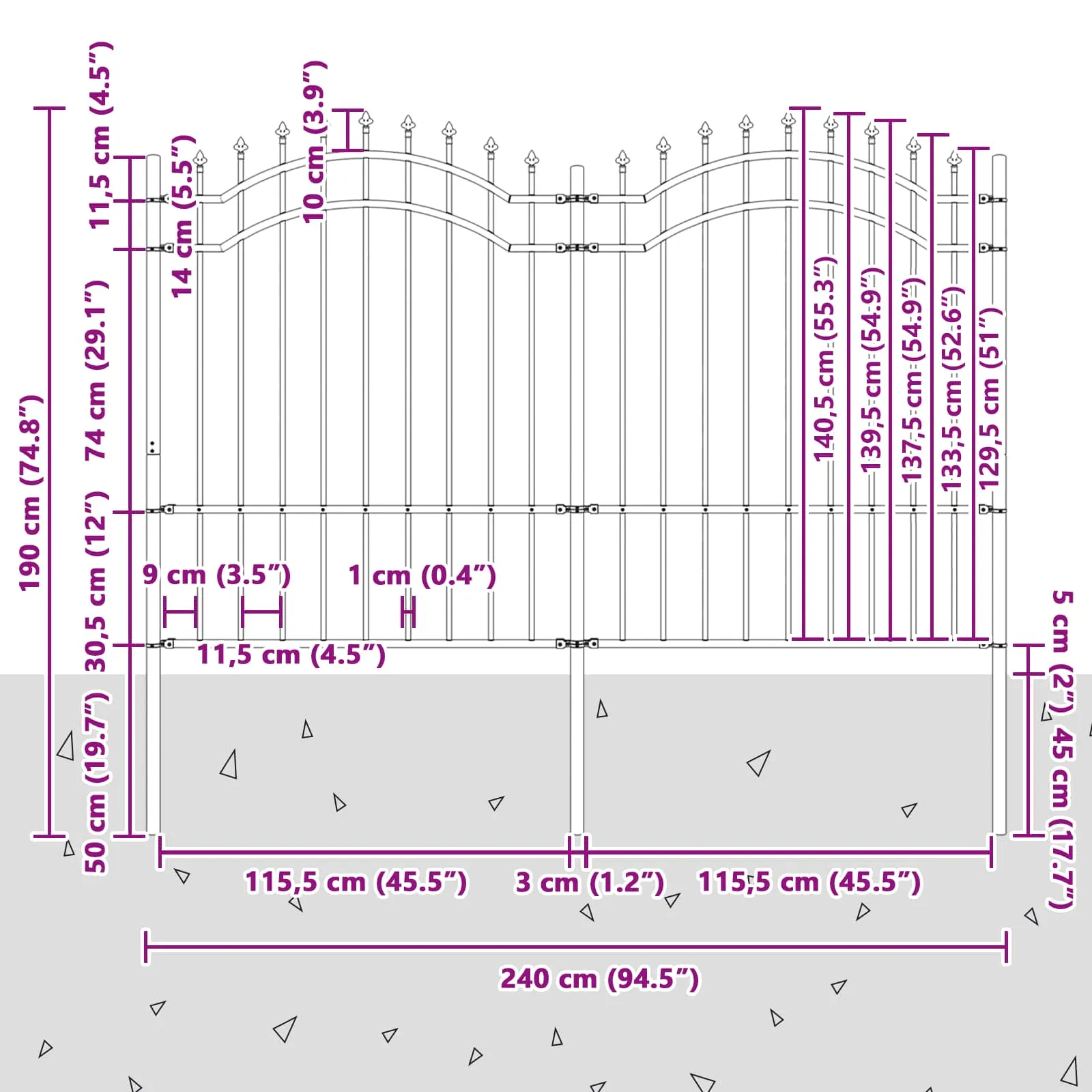 Moderner Gartenzaun 240x190 cm in Grau aus pulverbeschichtetem Stahl