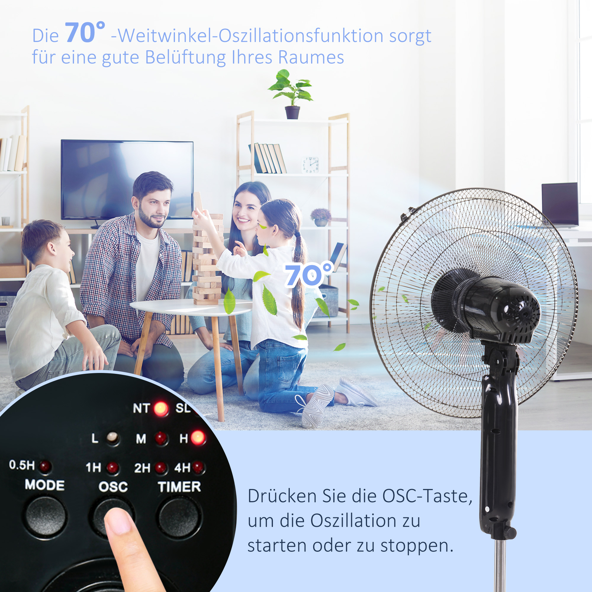 Standventilator mit Fernbedienung, Höhenverstellbarer Ventilator, 70° Oszillierender Lüfter, 3 Geschwindigkeitsstufen, Verstellbarer Neigungswinkel, 7,5h Timer, Ø44,5 x 110-124 cm, Schwarz