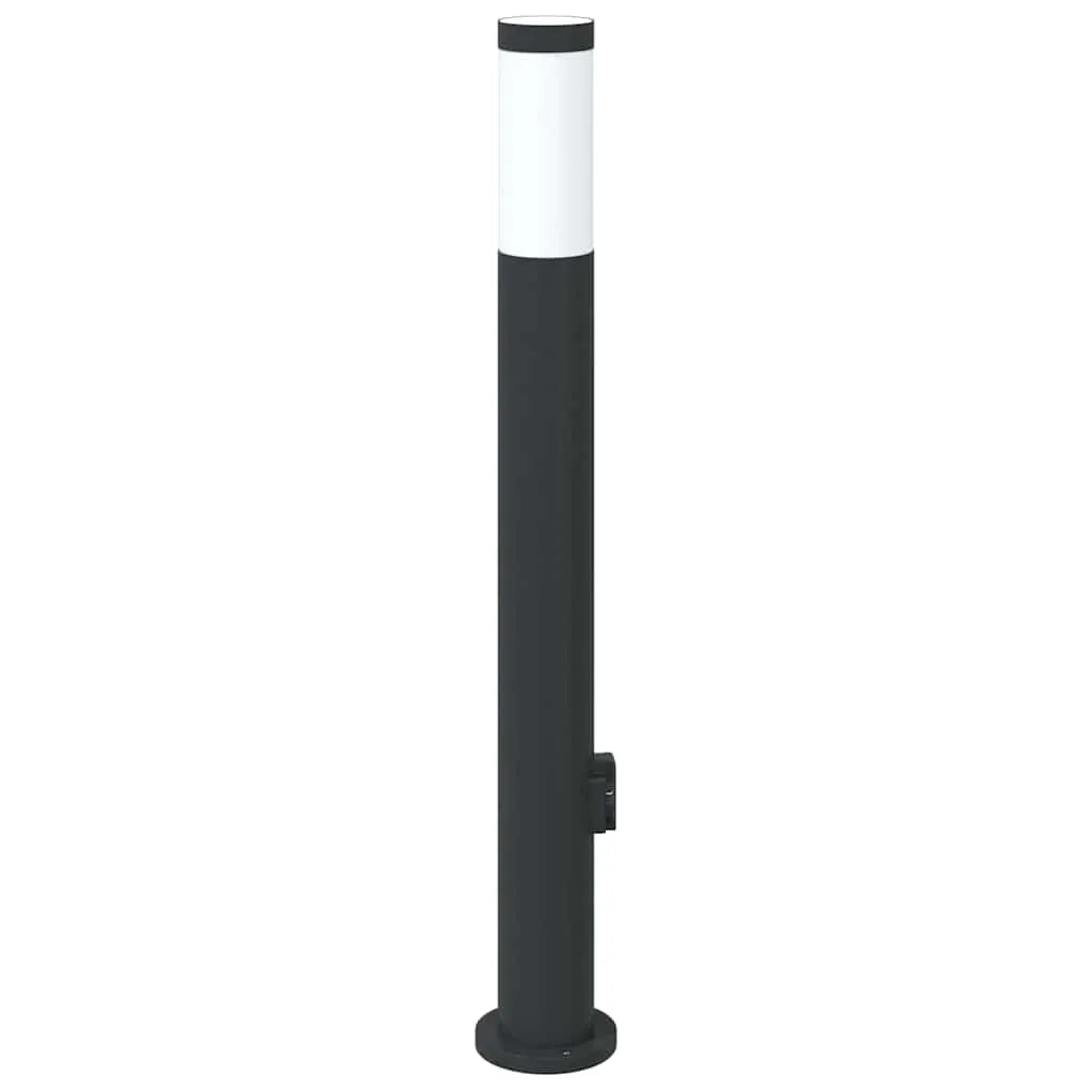Schwarze Edelstahl Pollerleuchte 11x80 cm mit integrierter Steckdose