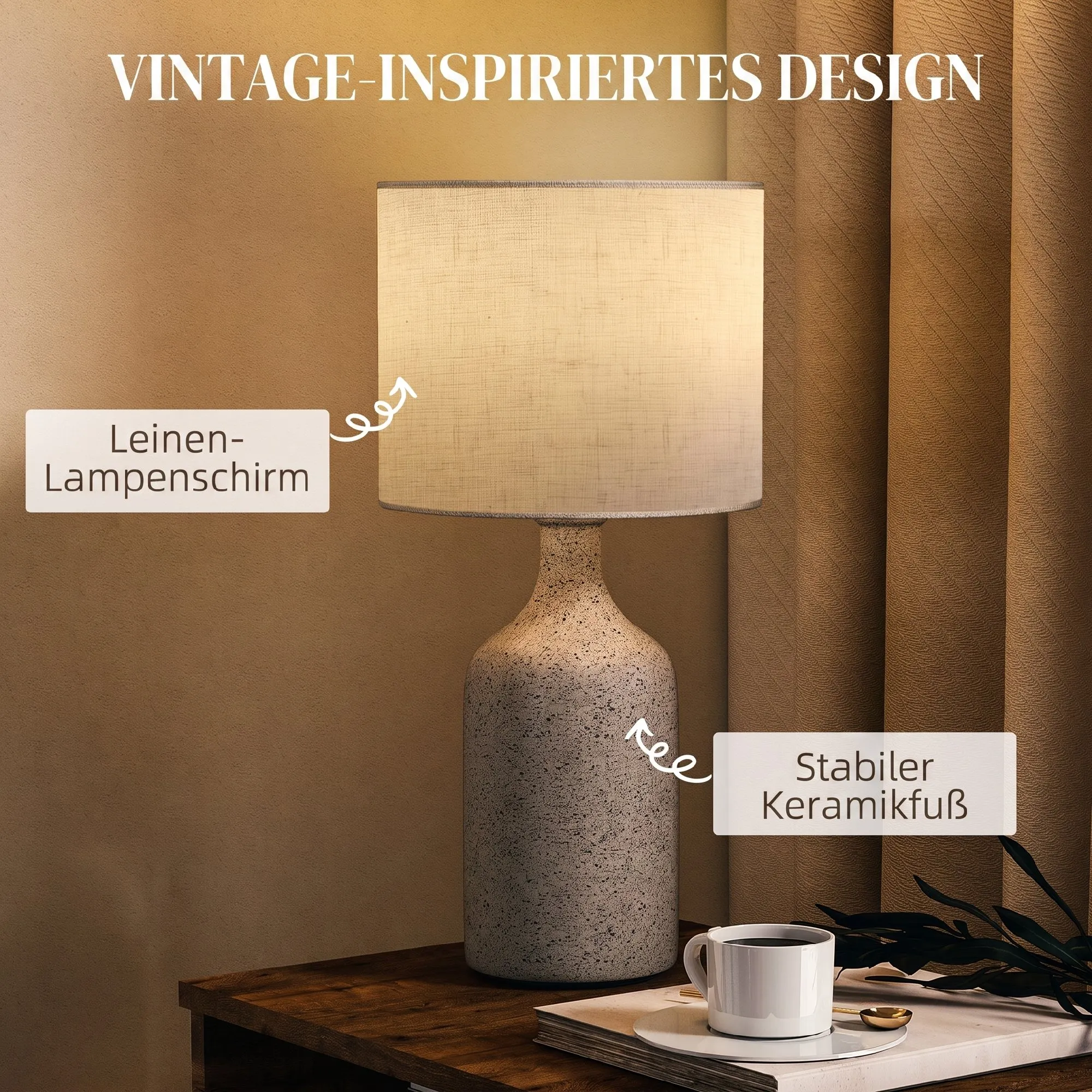 Tischlampe mit Keramiksockel und Leinenschirm, 45 cm, Sandfarben