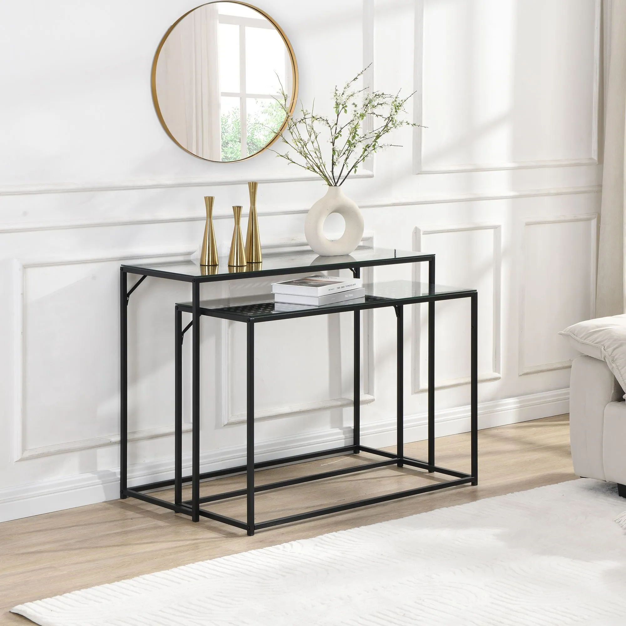 Konsolentisch Set 2er Schwarz Metall mit Glasplatte