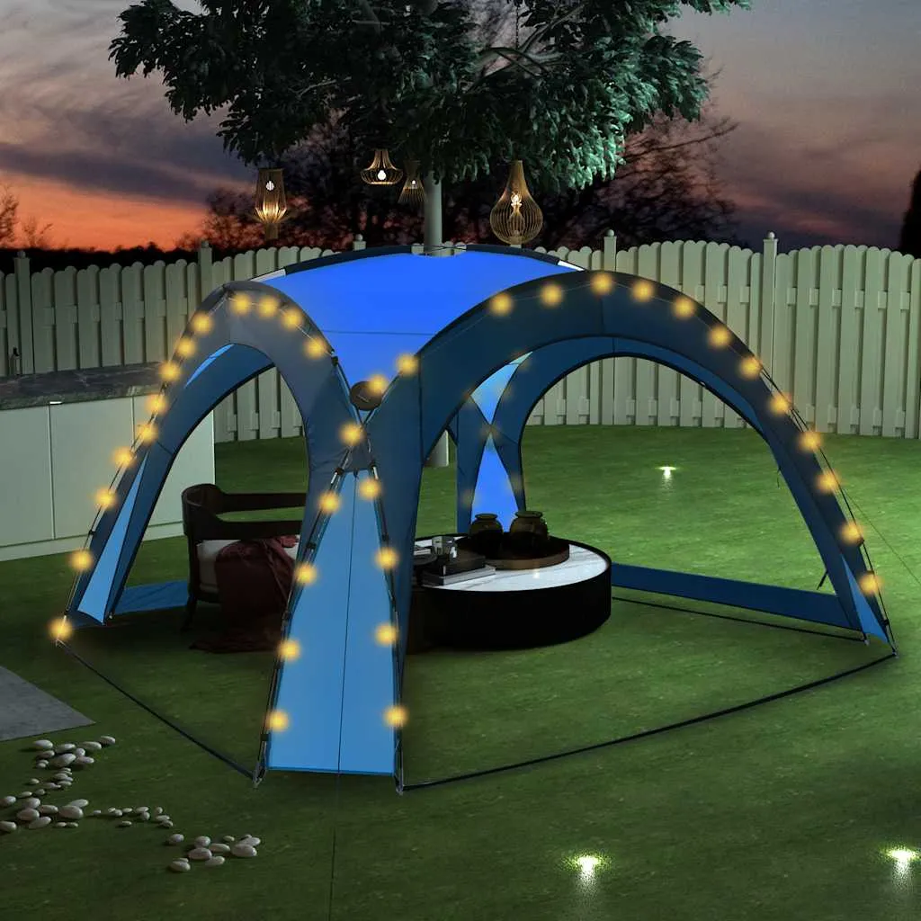 Partyzelt Blau 3,6 x 3,6 x 2,3 m mit LED-Beleuchtung und Moskitonetz