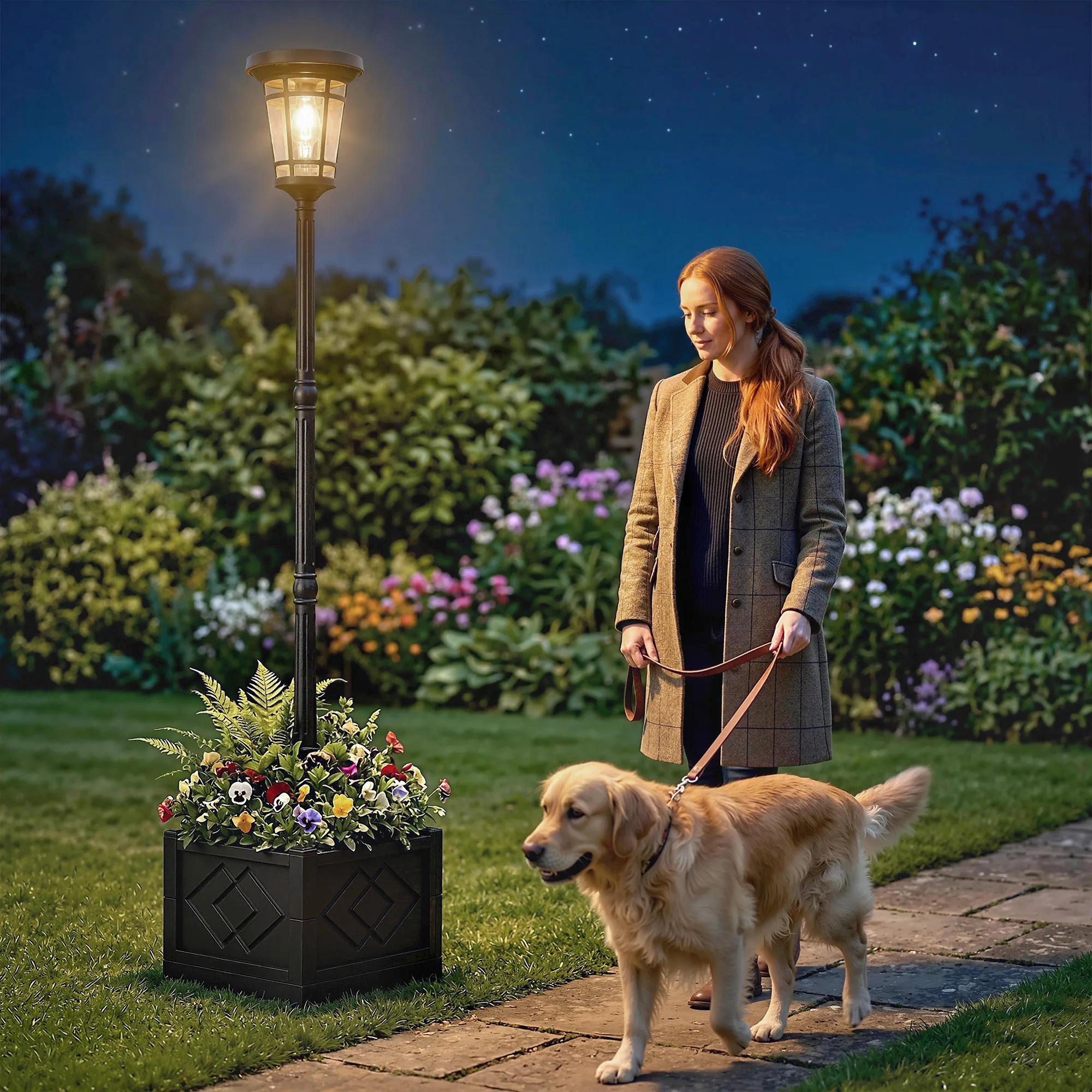 Solar Gartenlaterne mit Pflanzkübel, Kunststoff, 195cm, Schwarz