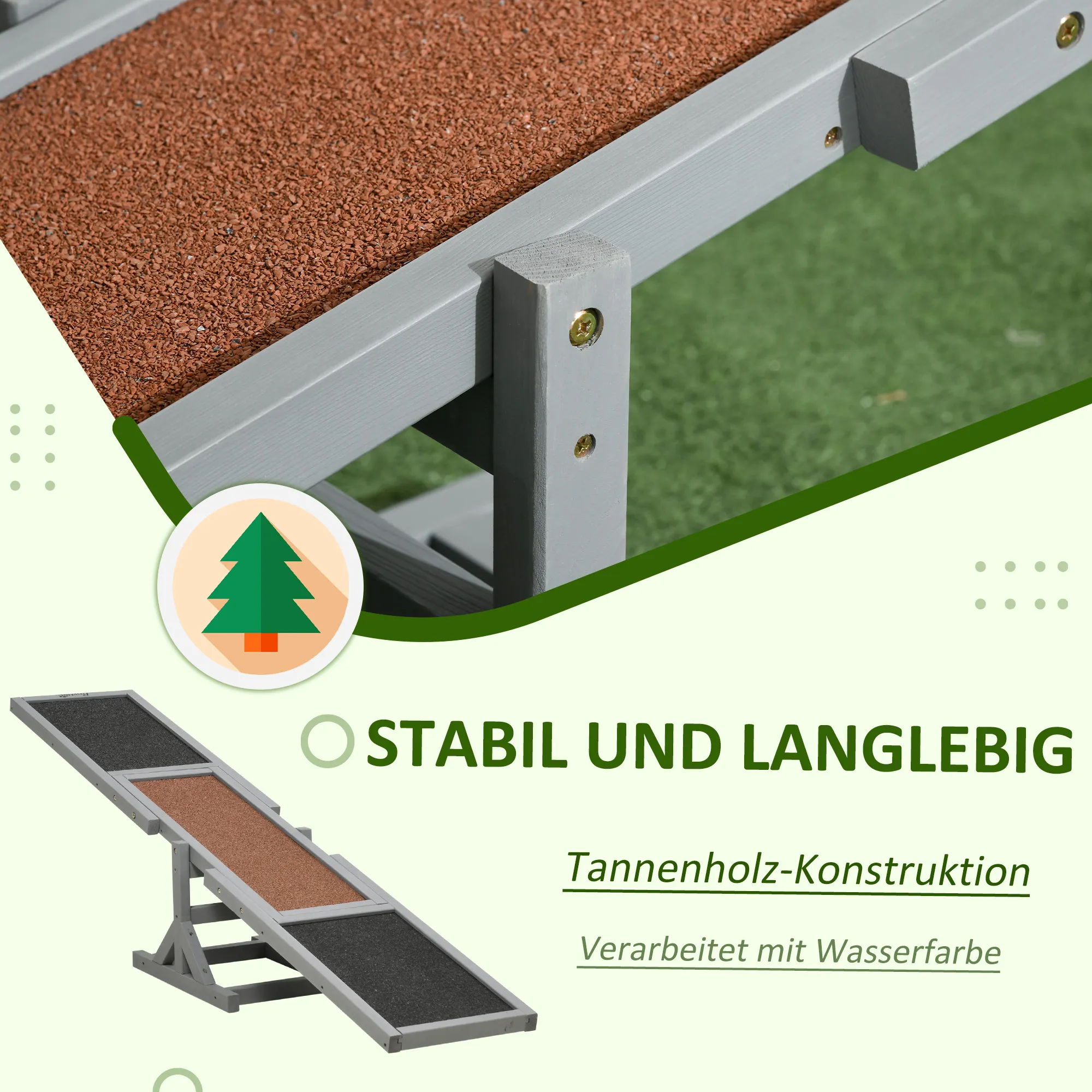 Hundewippe Agility aus Tannenholz, rutschfest, 180x30x30 cm, Grau