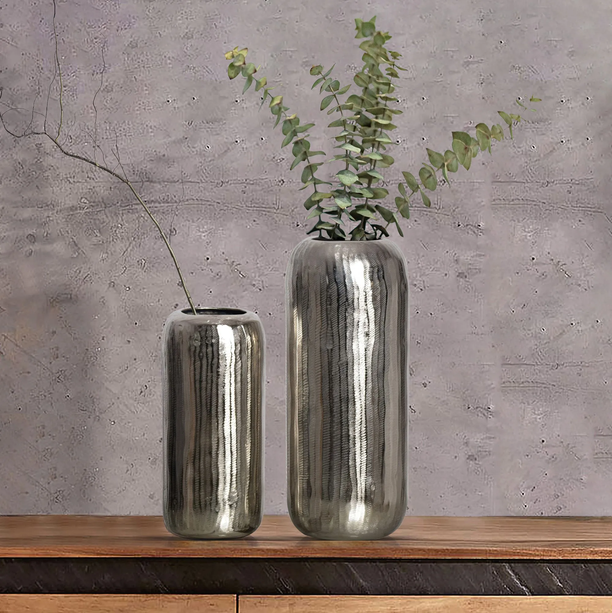 Deko Vase 2er Set Aluminium Silber Zylinder Blumenvase Modern