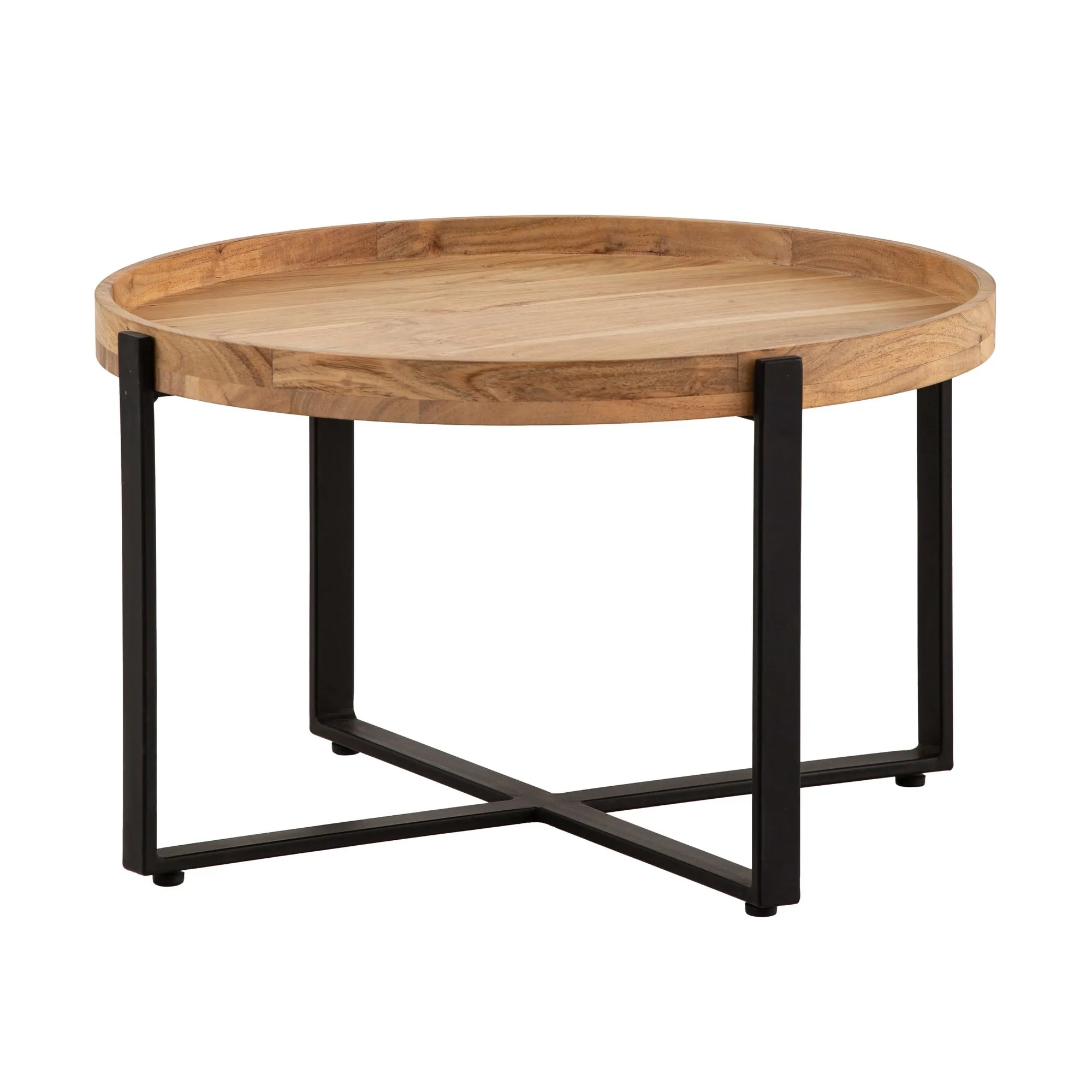 Couchtisch 60x60x36 cm Akazie Massivholz Metall Hellbraun Sofatisch Rund