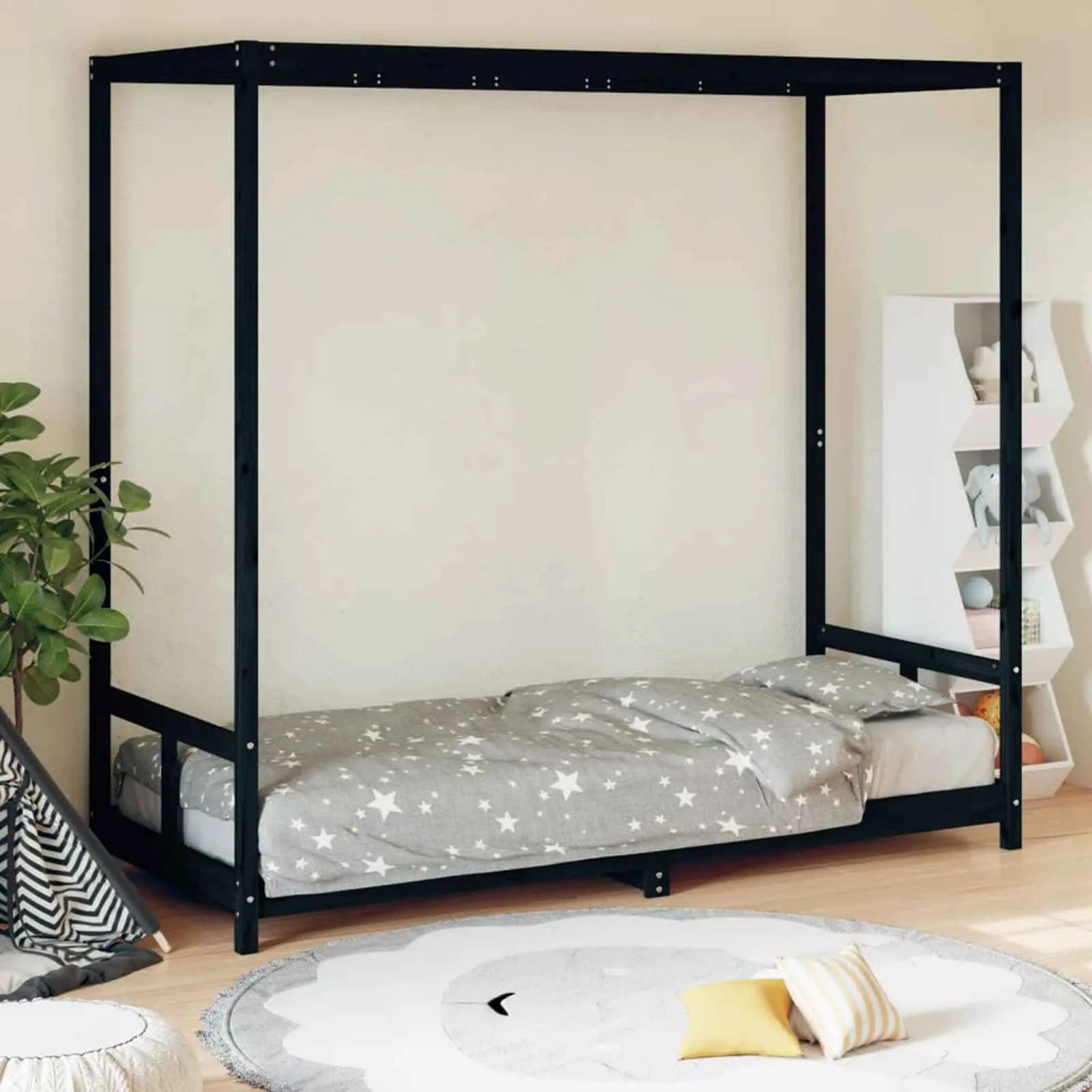 Kinderbett aus massivem Kiefernholz Schwarz 205,5 x 85,5 x 190 cm