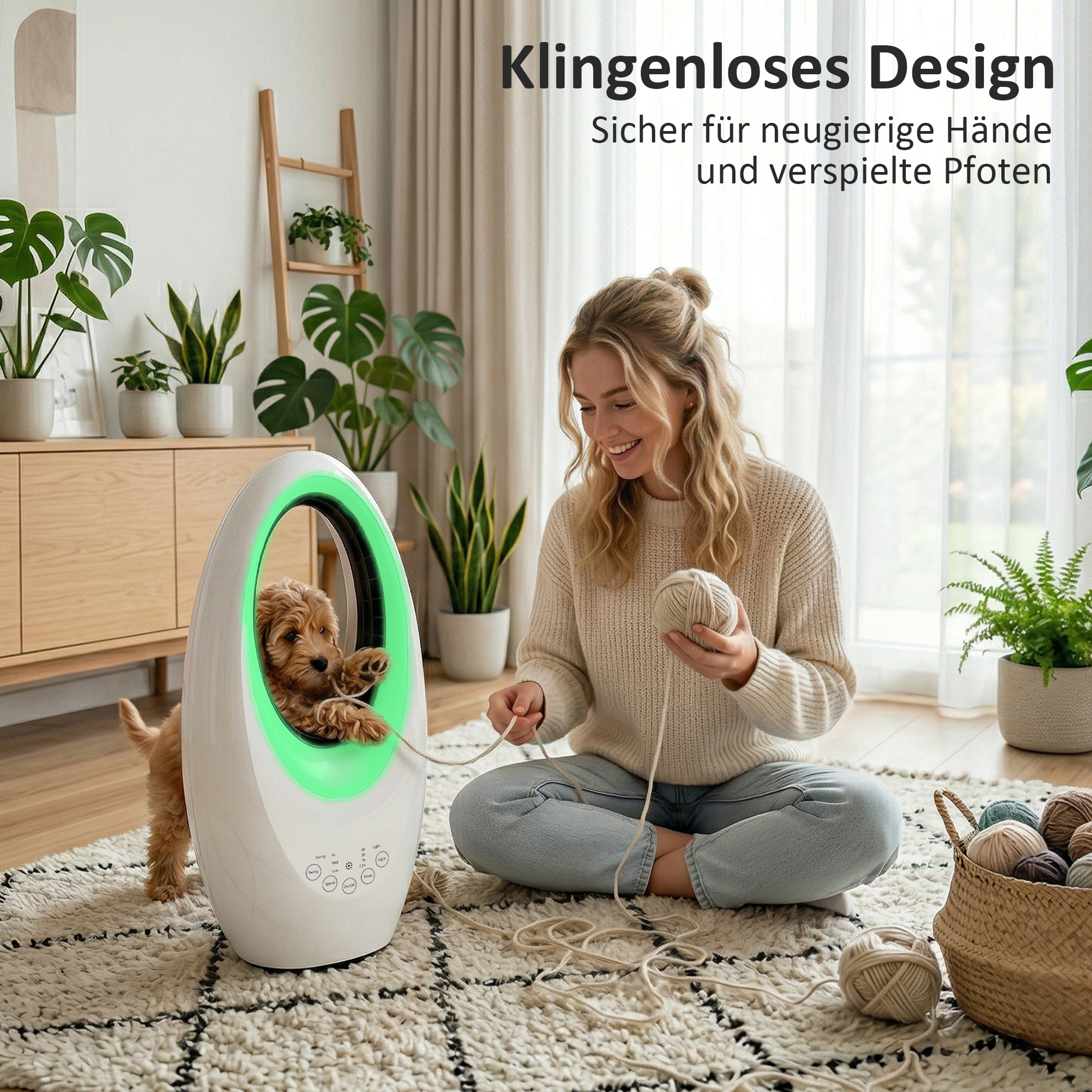 Turmventilator ohne Rotorblätter leiser Ventilator mit 60° Oszillation, LED-Beleuchtung, 3 Geschwindigkeiten, 7,5H-Timer