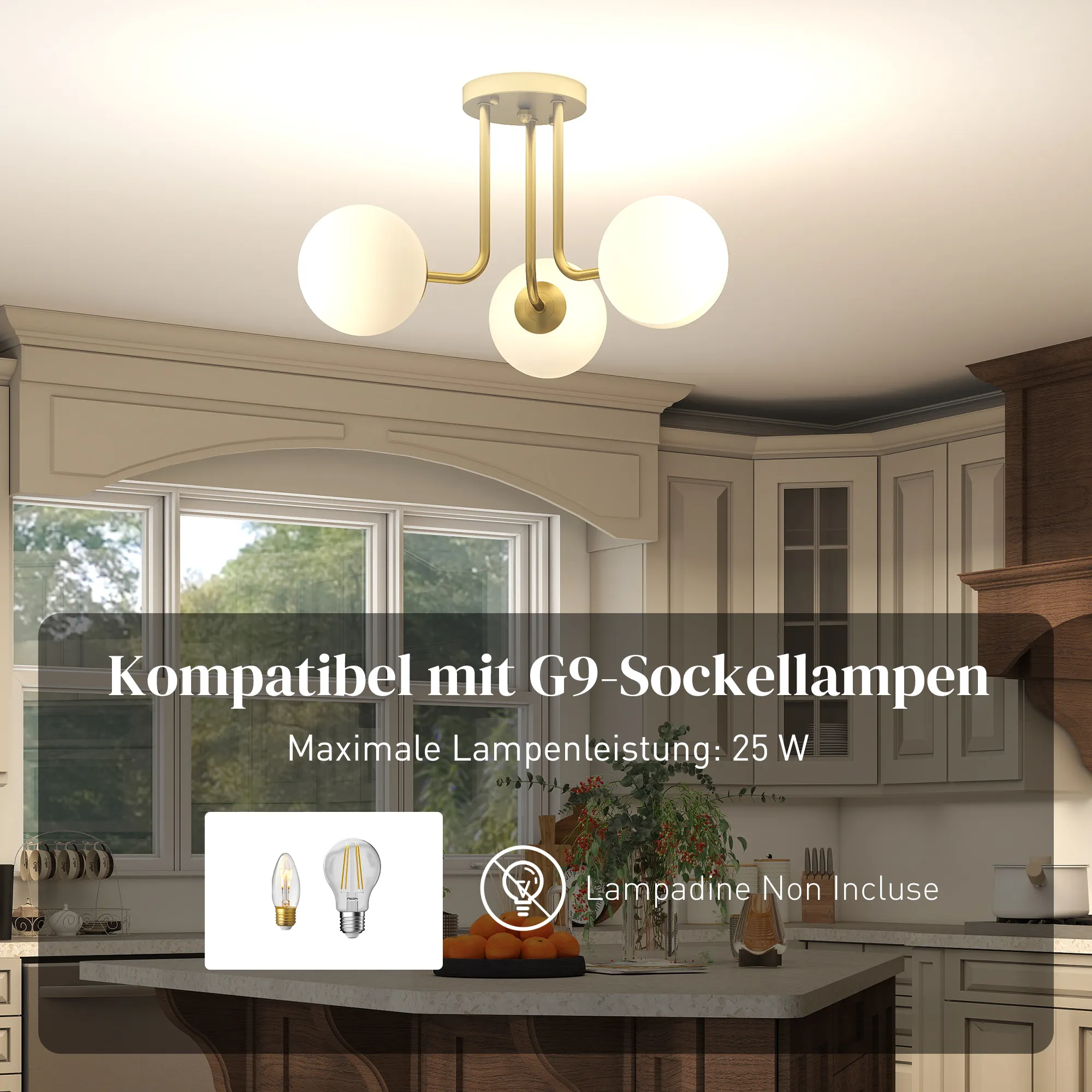 Deckenleuchte Gold mit 3 kugelförmigen Lampenschirmen, 42x42 cm