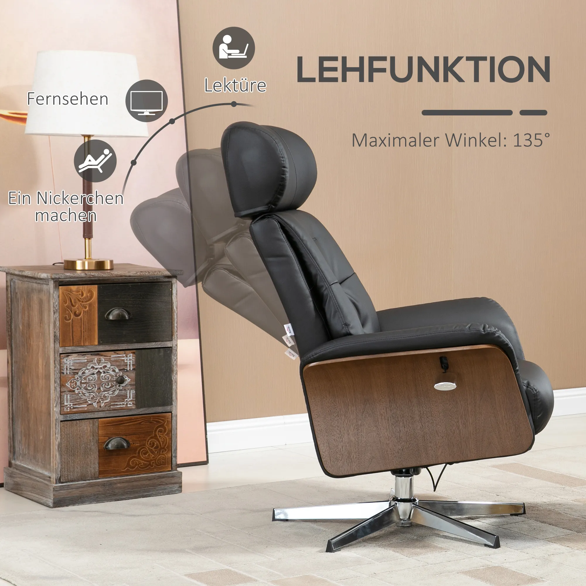 Relaxsessel mit Fußhocker, um 360° drehbar, Liegefunktion, Lesesessel, schwarz, 80 x 84 x 108 cm