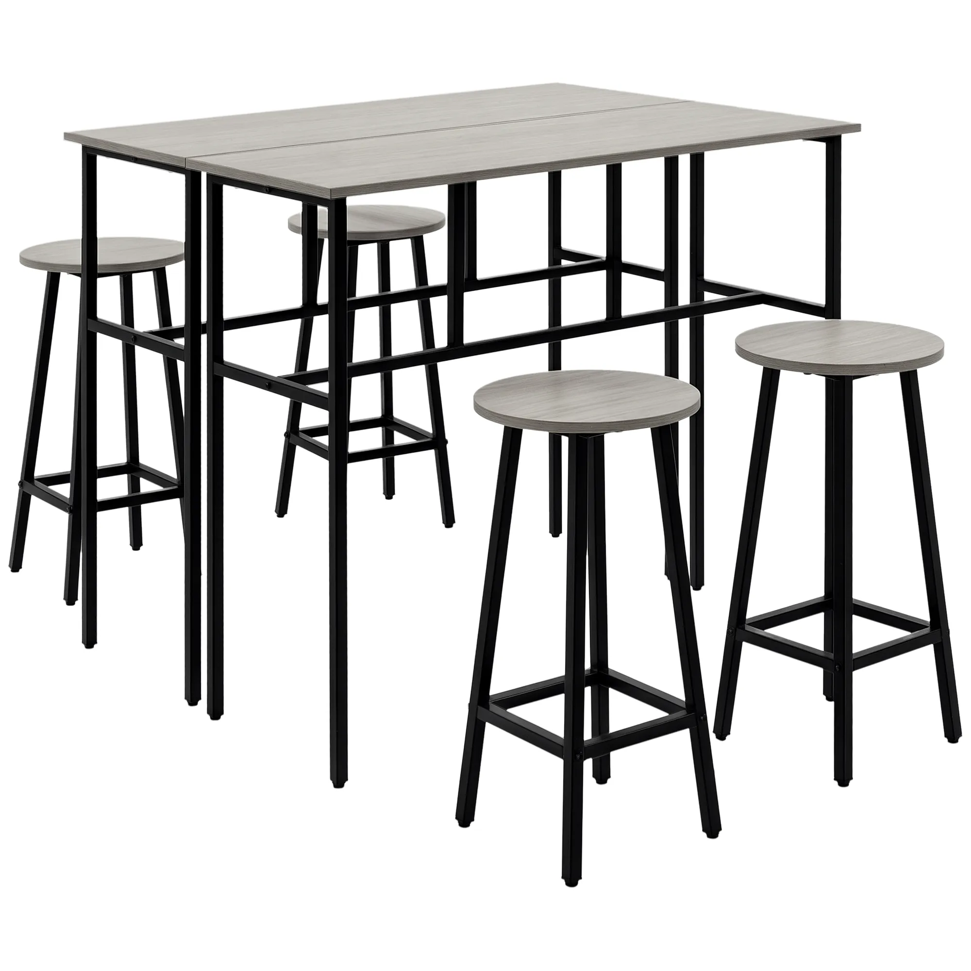 Bartisch-Set im Industriedesign, 6-teilig, 2 Tische und 4 Barhocker, Grau + Schwarz