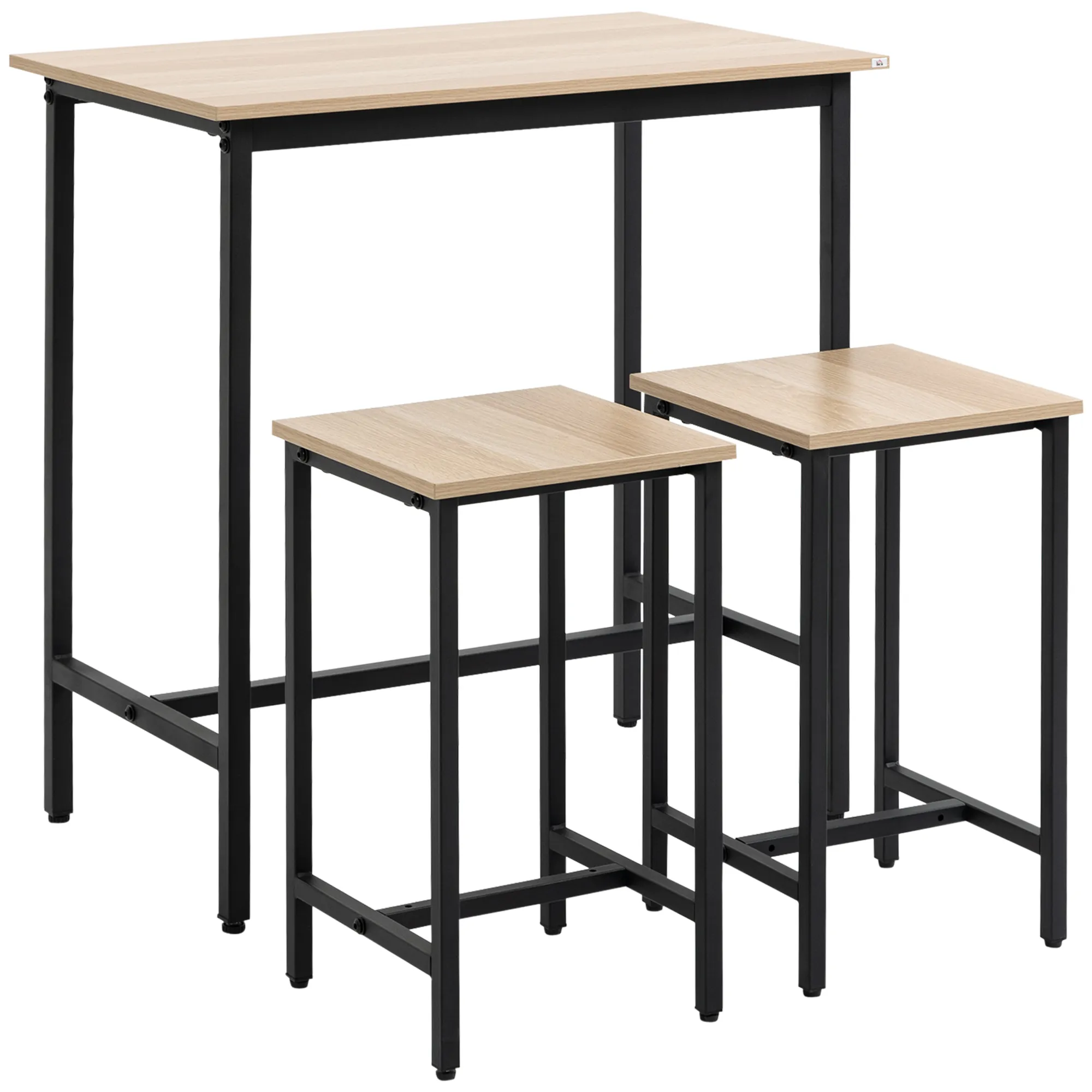 Bartisch-Set im Industrie-Design, 3-teilig, 1 Tisch, 2 Hocker, Schwarz + Natur
