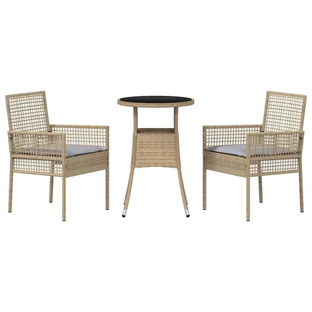Garten-Esszimmer-Set Poly-Rattan Beige mit 1 Tisch, 2 Stühlen, 2 Kissen
