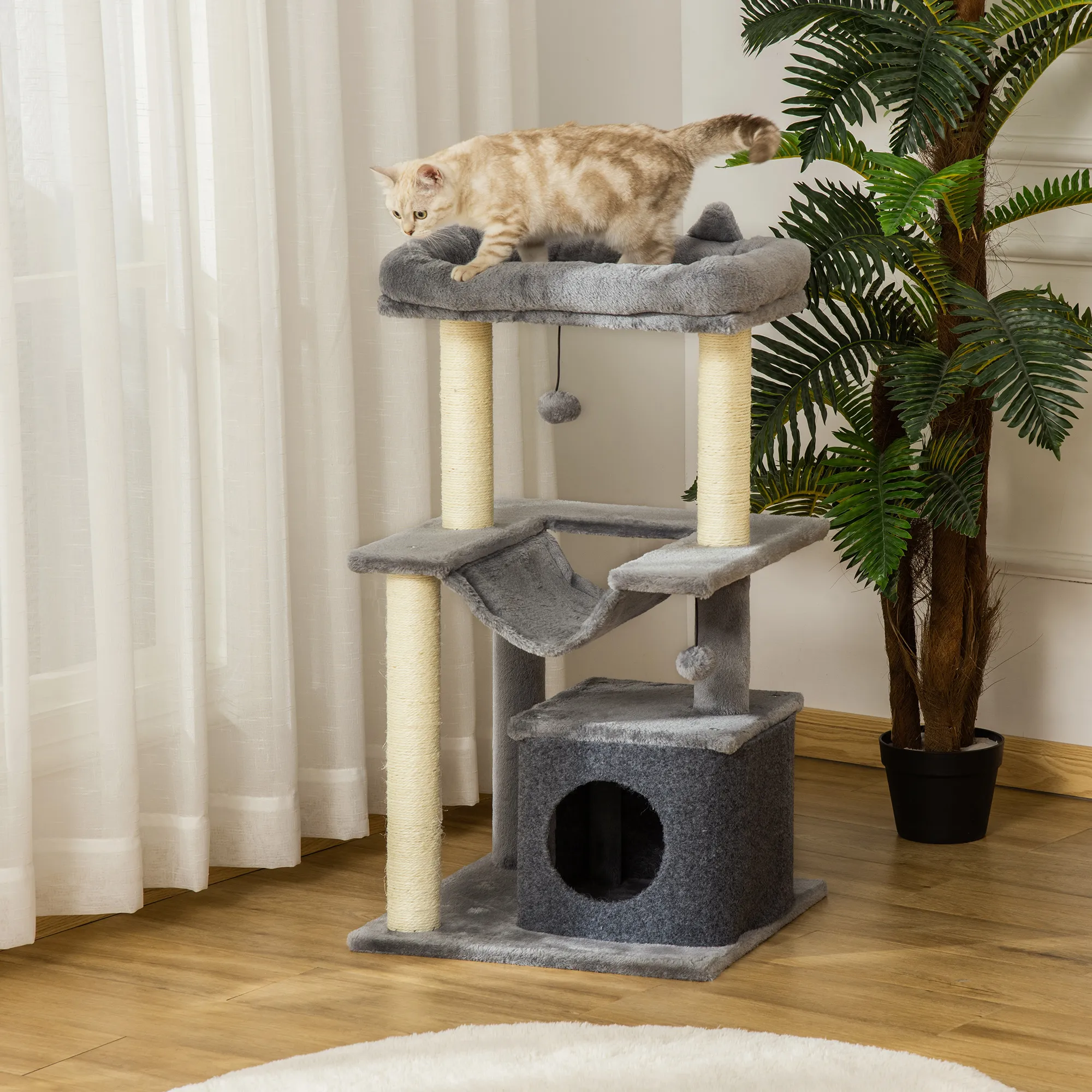 Kratzbaum für Katzen mit Hängematte und Höhle, Plüsch, Grau, 90cm