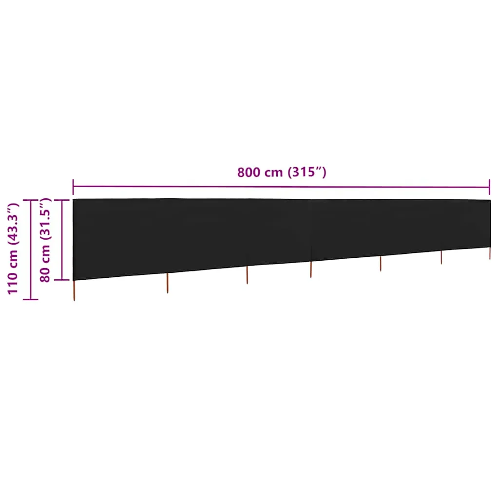 6-teiliger faltbarer Windschutz 800x80 cm Schwarz mit Massivholzpfählen