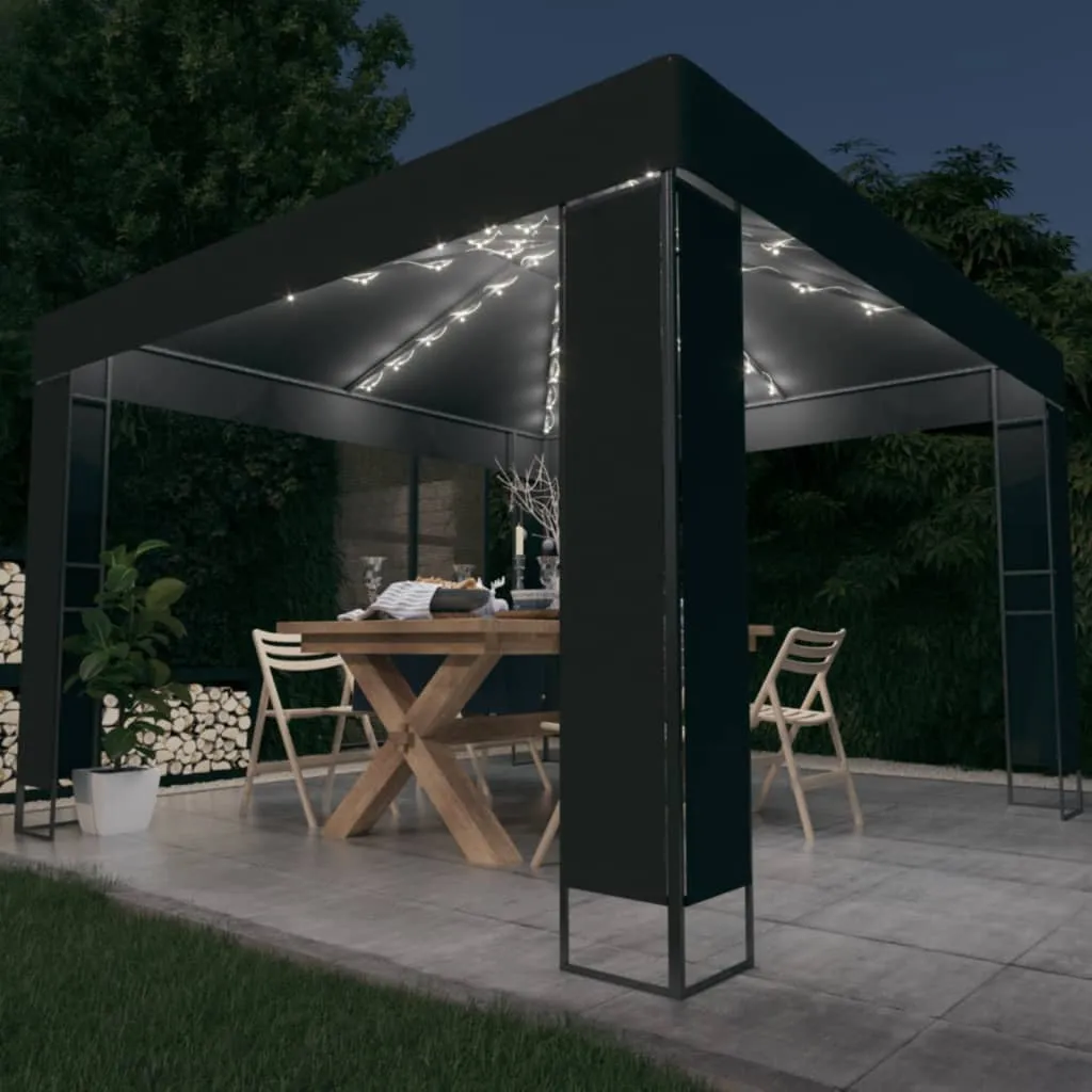 Pavillon 3x3 m Anthrazit mit doppeltem Polyester-Dach und Solar-Lichterkette