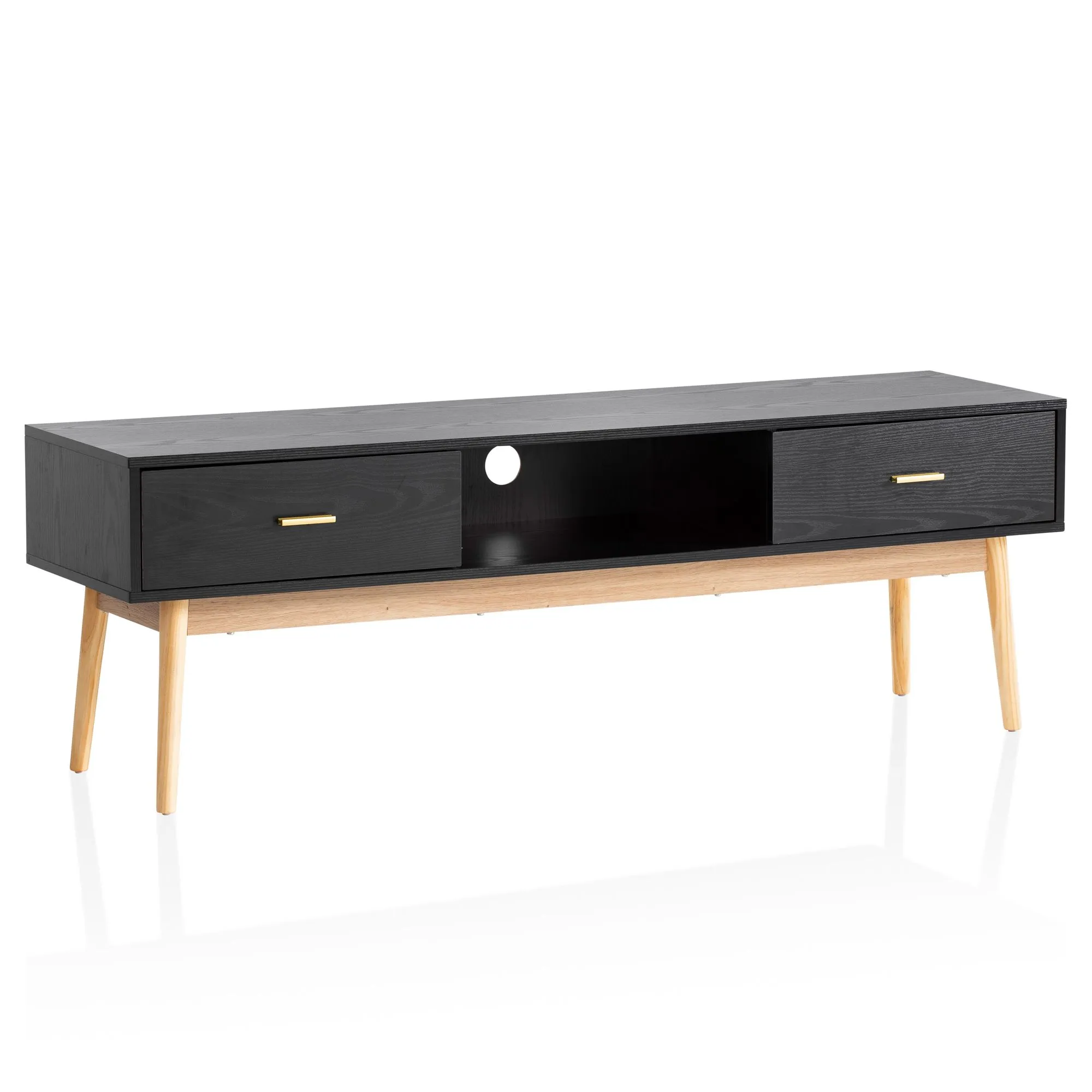 Wohnling Lowboard Schwarz mit Eiche-Dekor 150x50x40 cm TV-Kommode Modern