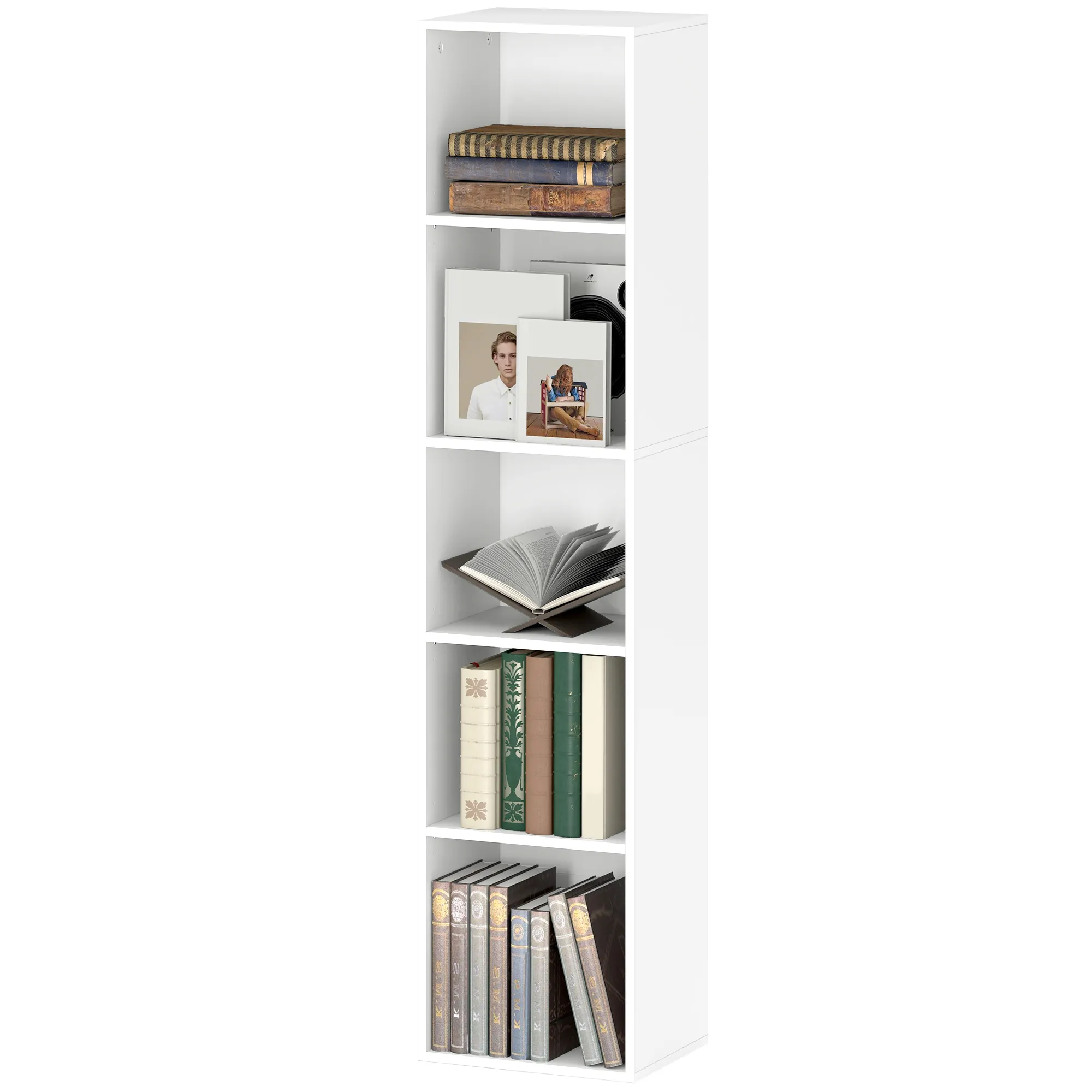 Bücherregal, 5 Fächer, verstellbare Regale, Holz, 30 x 24 x 133,5 cm, Weiß Bücherregal, 5 Fächer, verstellbare Regale, Holz, 30 x 24 x 133,5 cm, Weiß