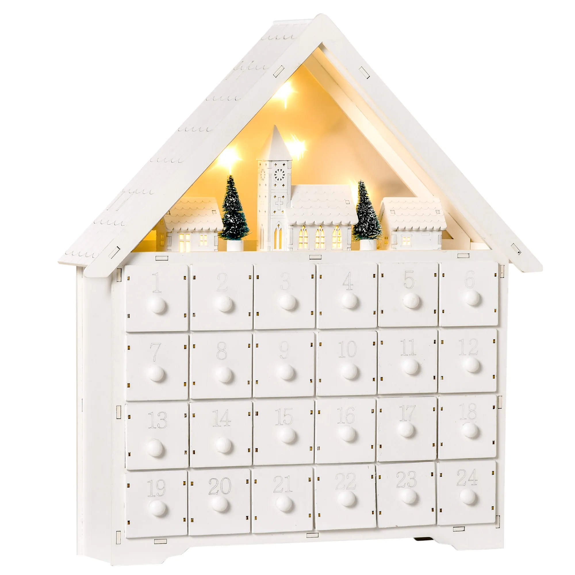 Adventskalender Weichnachtsdekoration Weihnachtsdeko, 24 Schubladen, LED-Lichter, 39 cm x 9 cm x 42 cm, Weiß + Grün