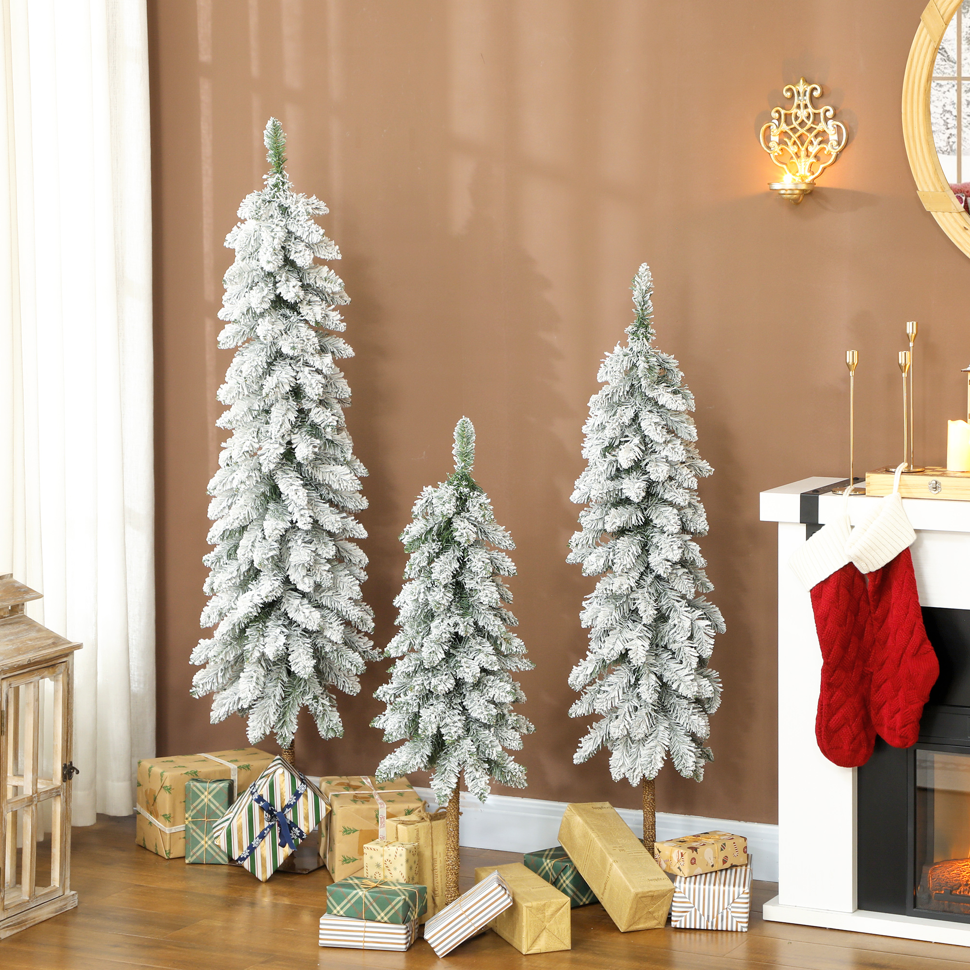 Künstliche Weihnachtsbäume 3er-Set verschneit Kunststoff Grün-Weiß