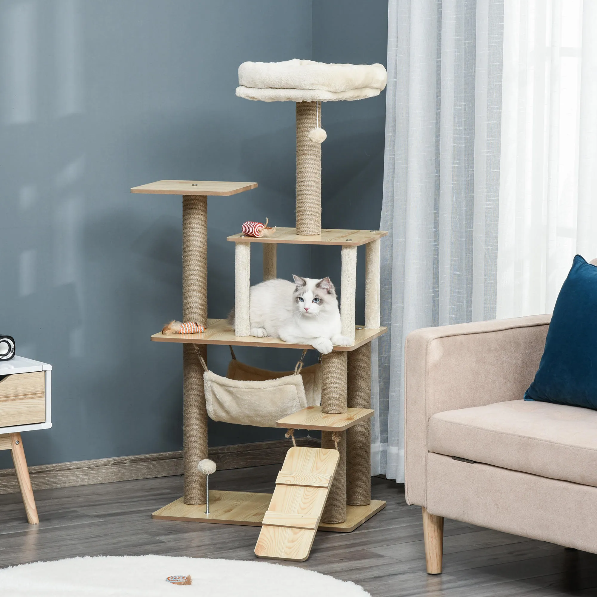 Kratzbaum Katzenbaum für Katzen Kletterbaum aus Holz mit Katzenhöhle Jutestämmen großer Plattform Spielbälle 130 cm Höhe stabil Plüsch Gelb 60 x 40 x 130 cm