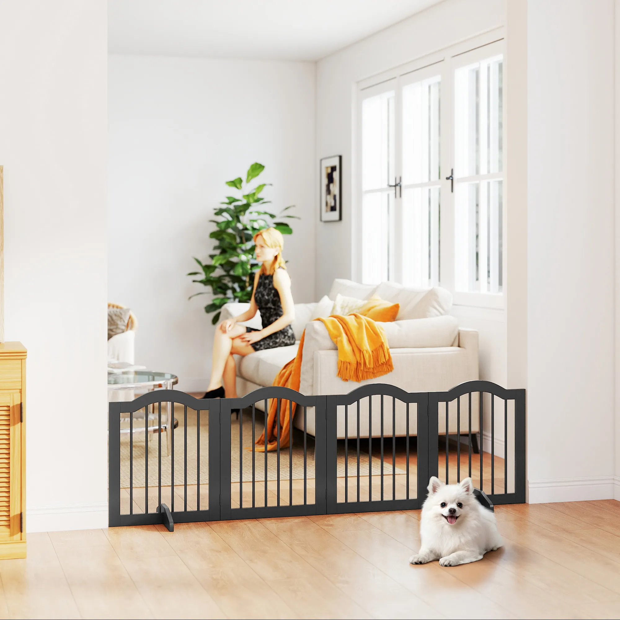 Hunde Absperrgitter klappbar aus Holz, 208 x 61 cm, Schwarz