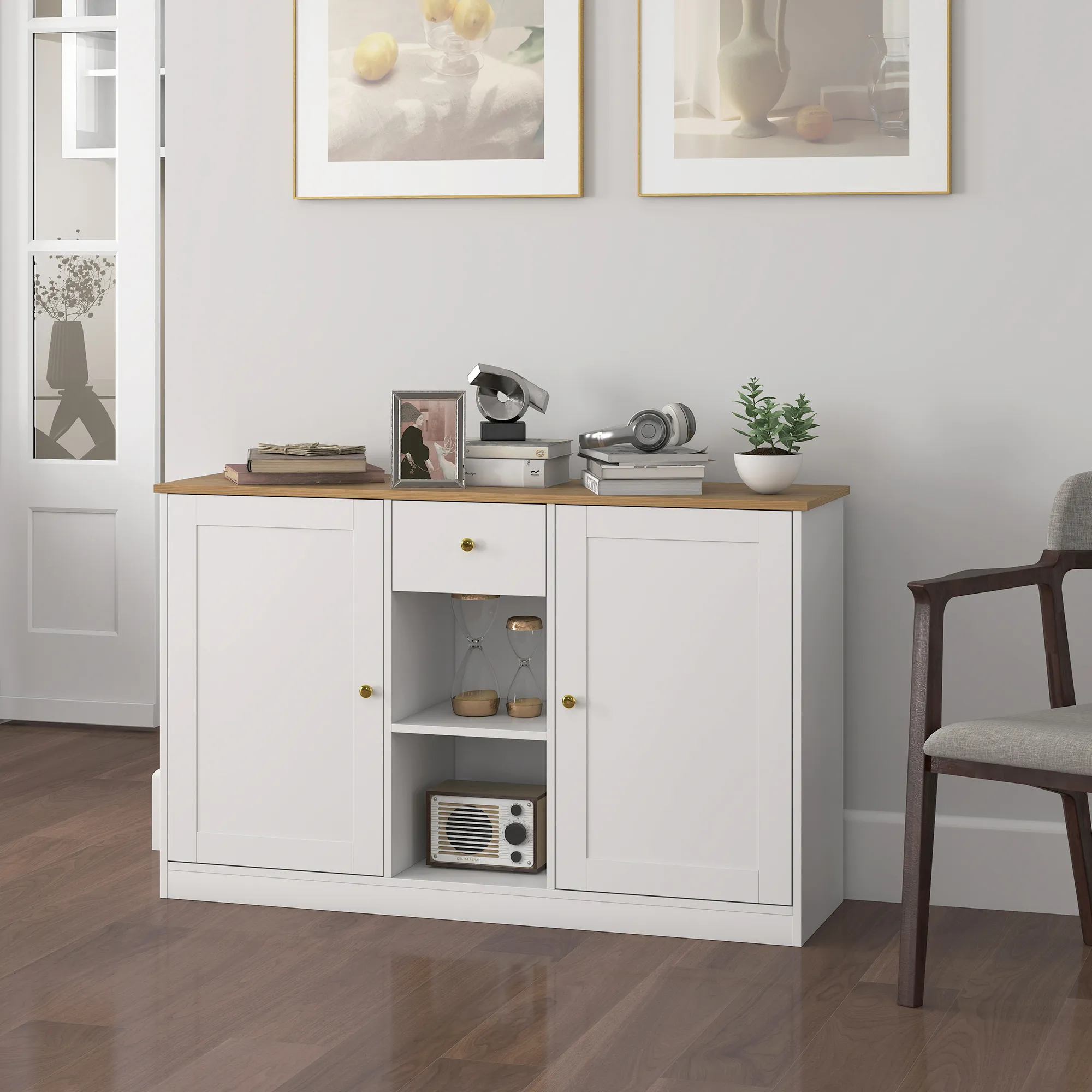 Küchenkommode, Sideboard mit Schublade, Schränken, Regalen, Spanplatte, Weiß