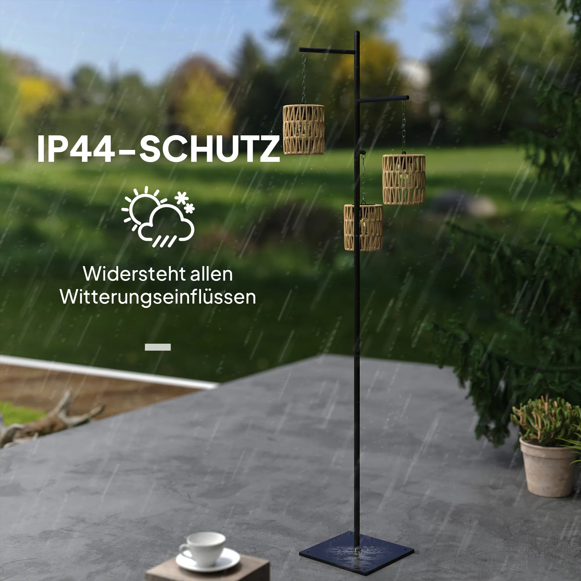 Solar Stehlampe Rattan Boho-Stil 3-flammig IP44 Gelb-Schwarz