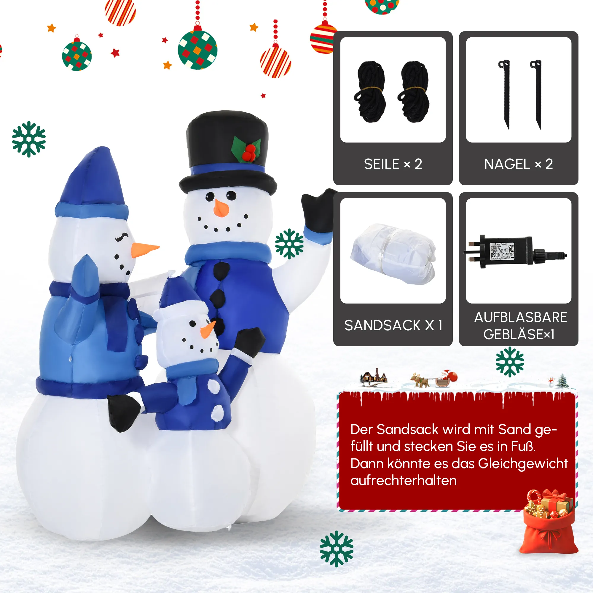 Schneemänner Schneemann Weihnachtsdekoration, LED-Lichter, 1,8 m, inkl. Gebläse, selbstaufblasend