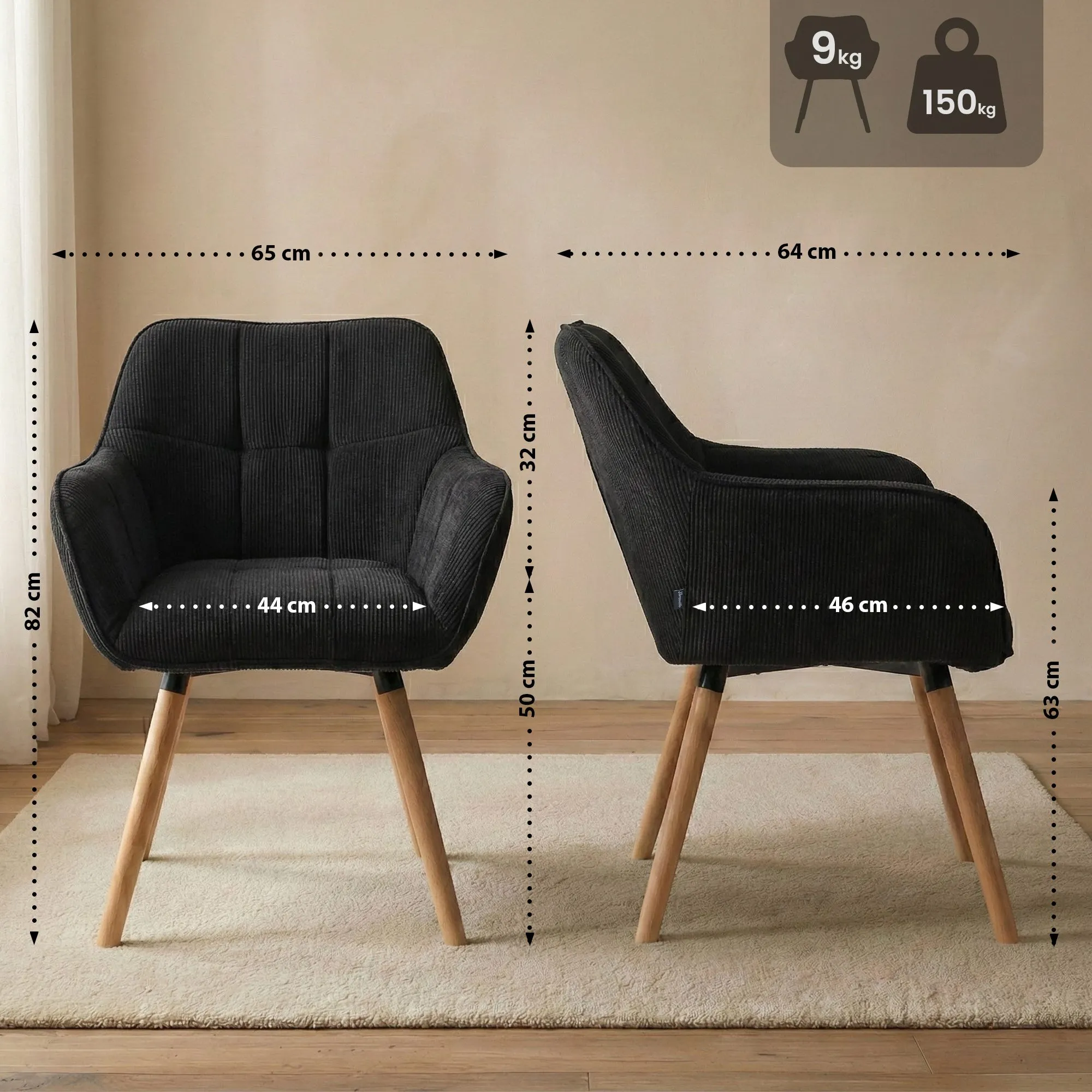 Esszimmerstuhl Vienna Cord 82x65x64 cm schwarz