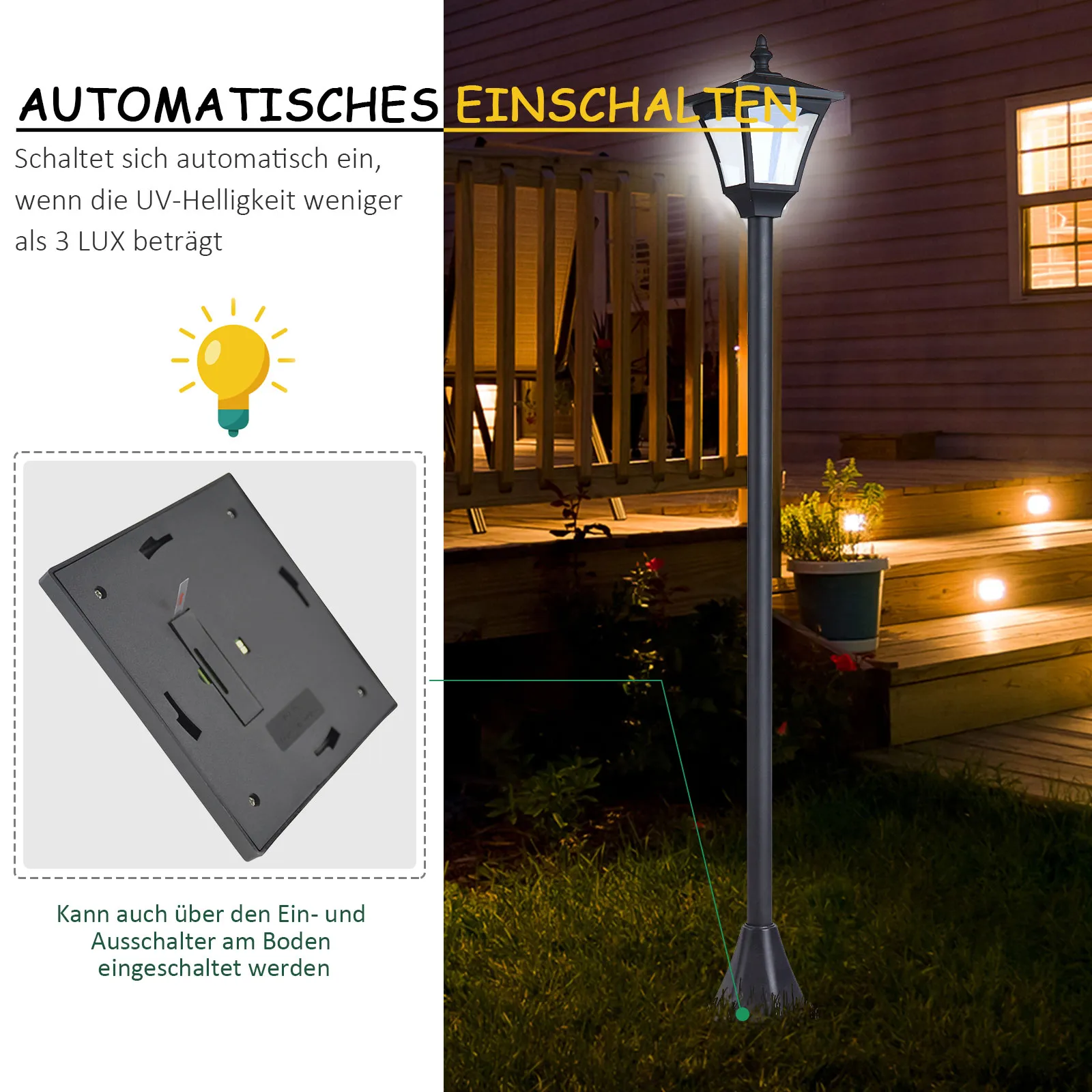 Solar Gartenlaterne LED 30 Lumen mit Erdspieß, 120 cm, Schwarz