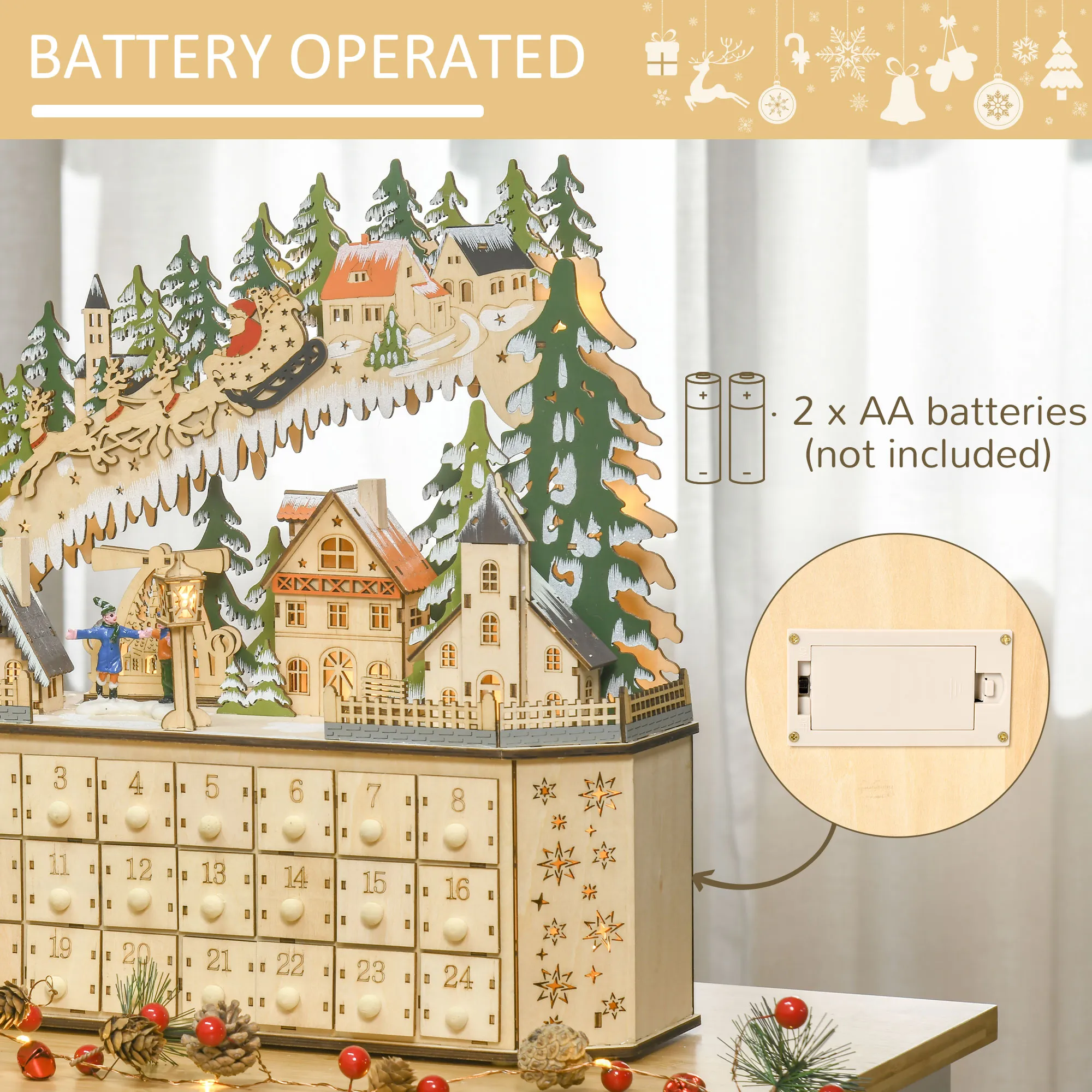 Adventskalender Weichnachtsdekoration Weihnachtsdeko, 24 Schubladen, LED-Lichter, 39 cm x 9 cm x 42 cm, Weiß + Grün