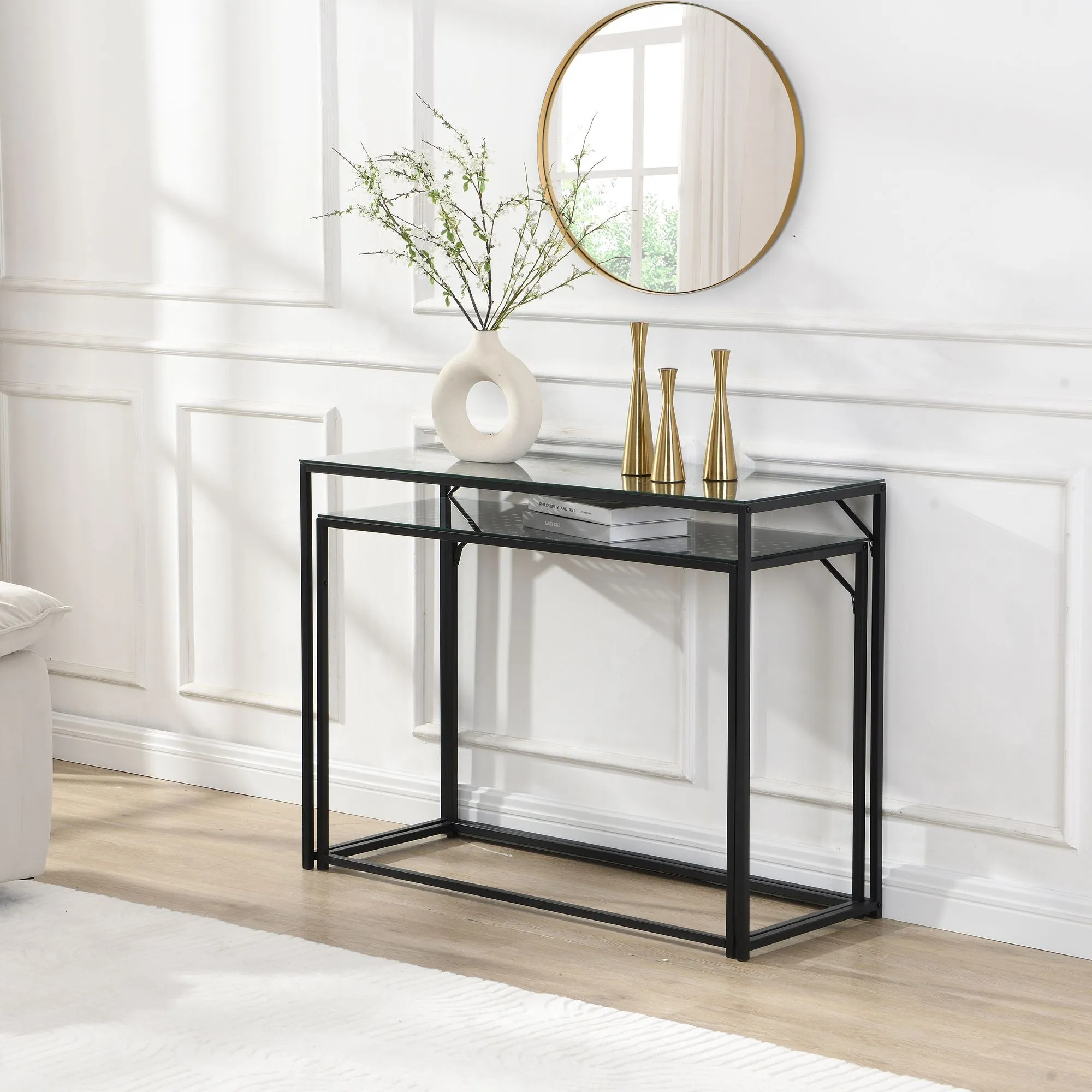 Konsolentisch Set 2er Schwarz Metall mit Glasplatte
