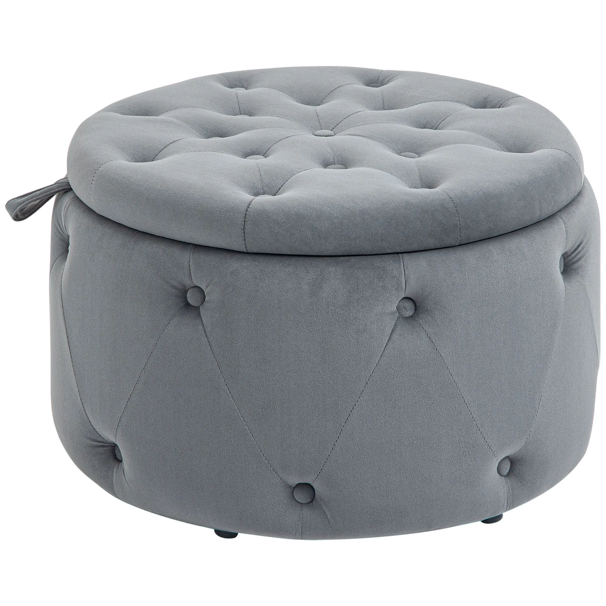 Hocker, rund, mit Staufach, Steppdesign mit Knöpfen, Bezug in Samtoptik, grau, 60 x 60 x 40cm