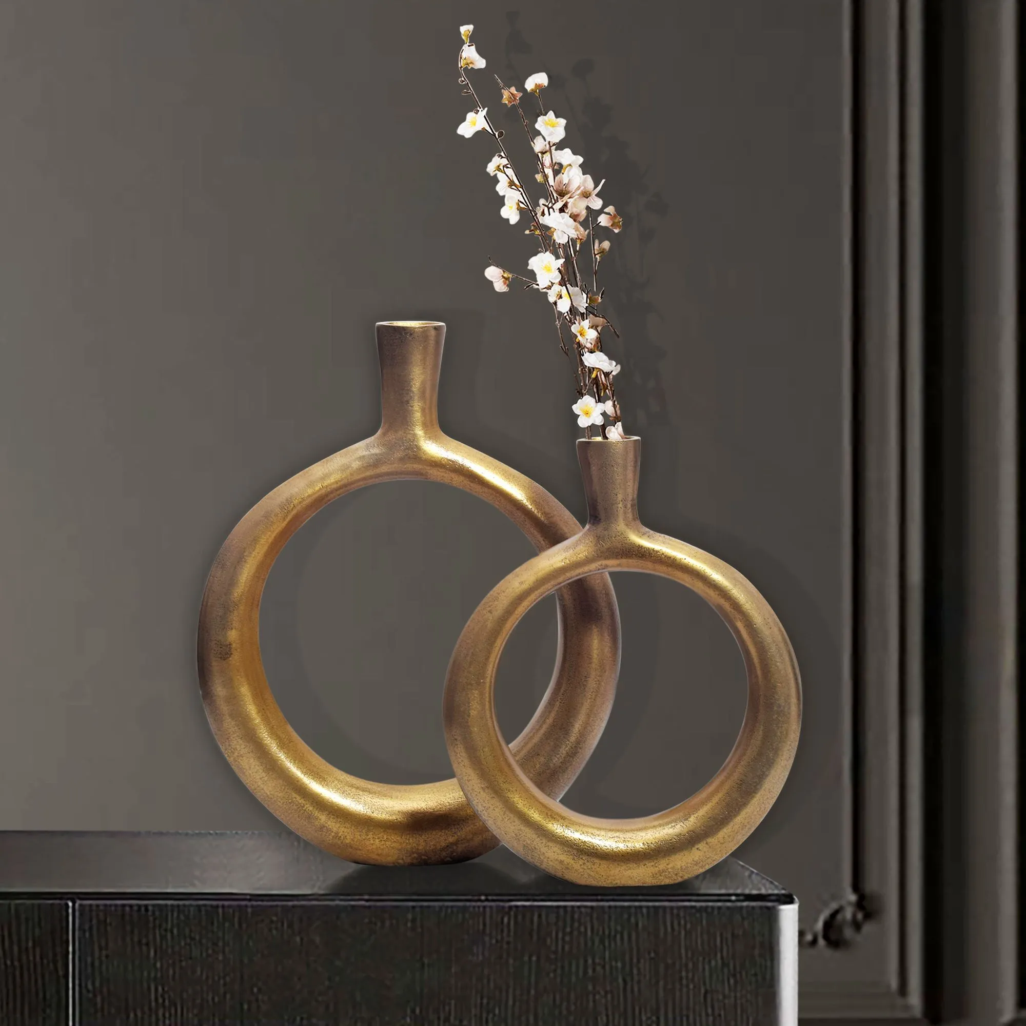 Deko Vase 2er Set Aluminium Gold Donut Blumenvase Modern