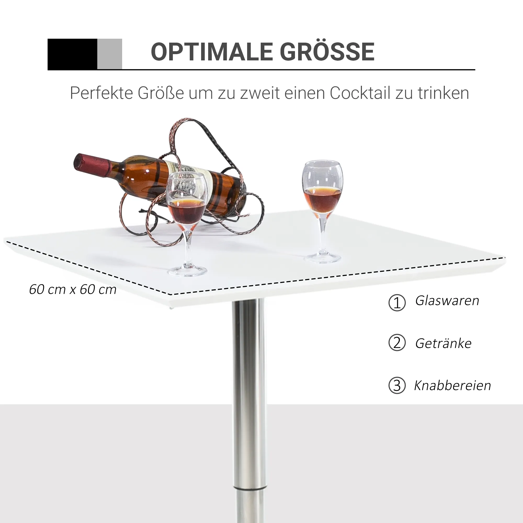 Praktischer Stehtisch 60x60 cm in Weiß mit höhenverstellbarer Funktion