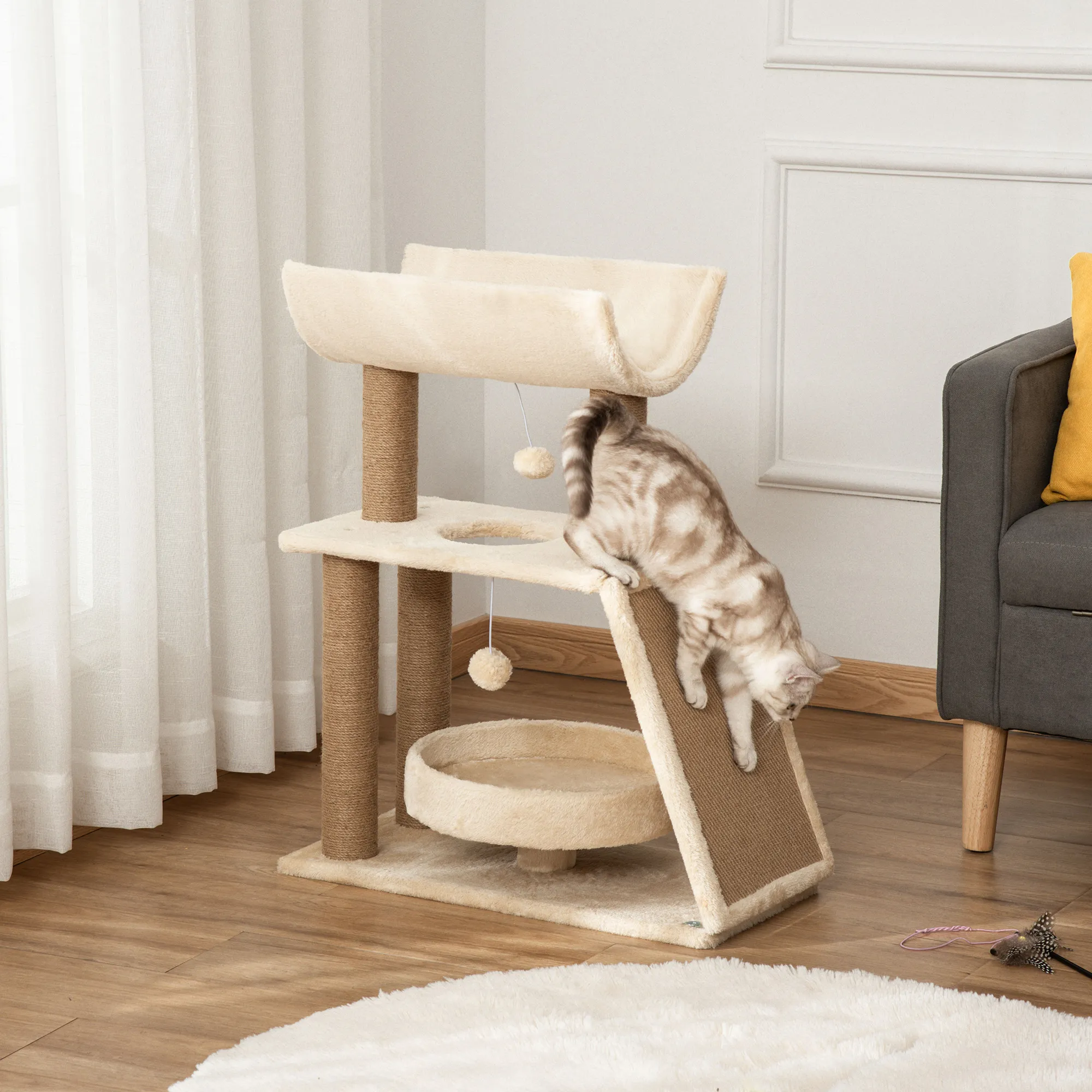 Katzenkratzbaum Hellbraun 60L x 30B x 76H cm mit Plüsch