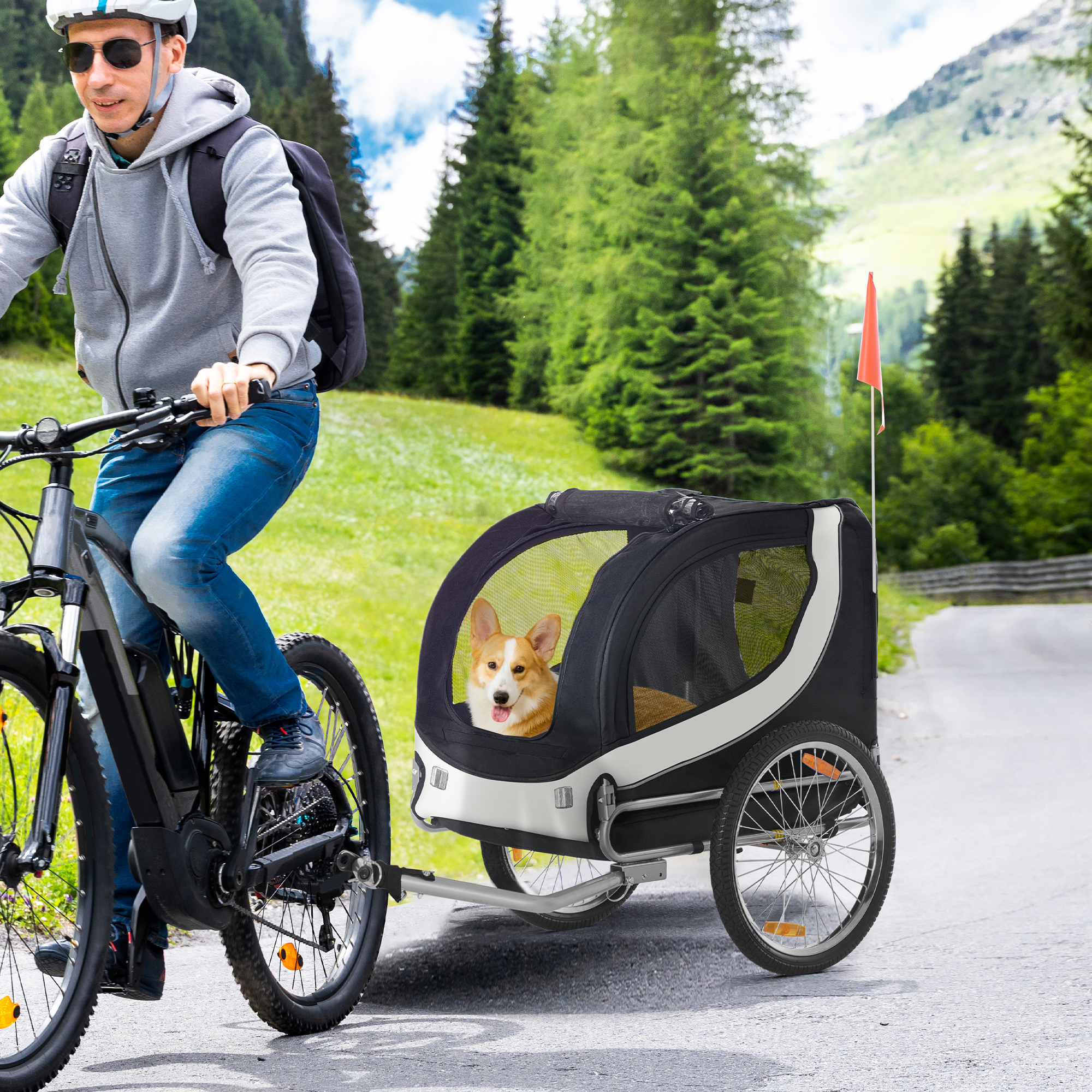Hundeanhänger für Fahrrad bis 20kg mit Universalkupplung Weiß-Schwarz