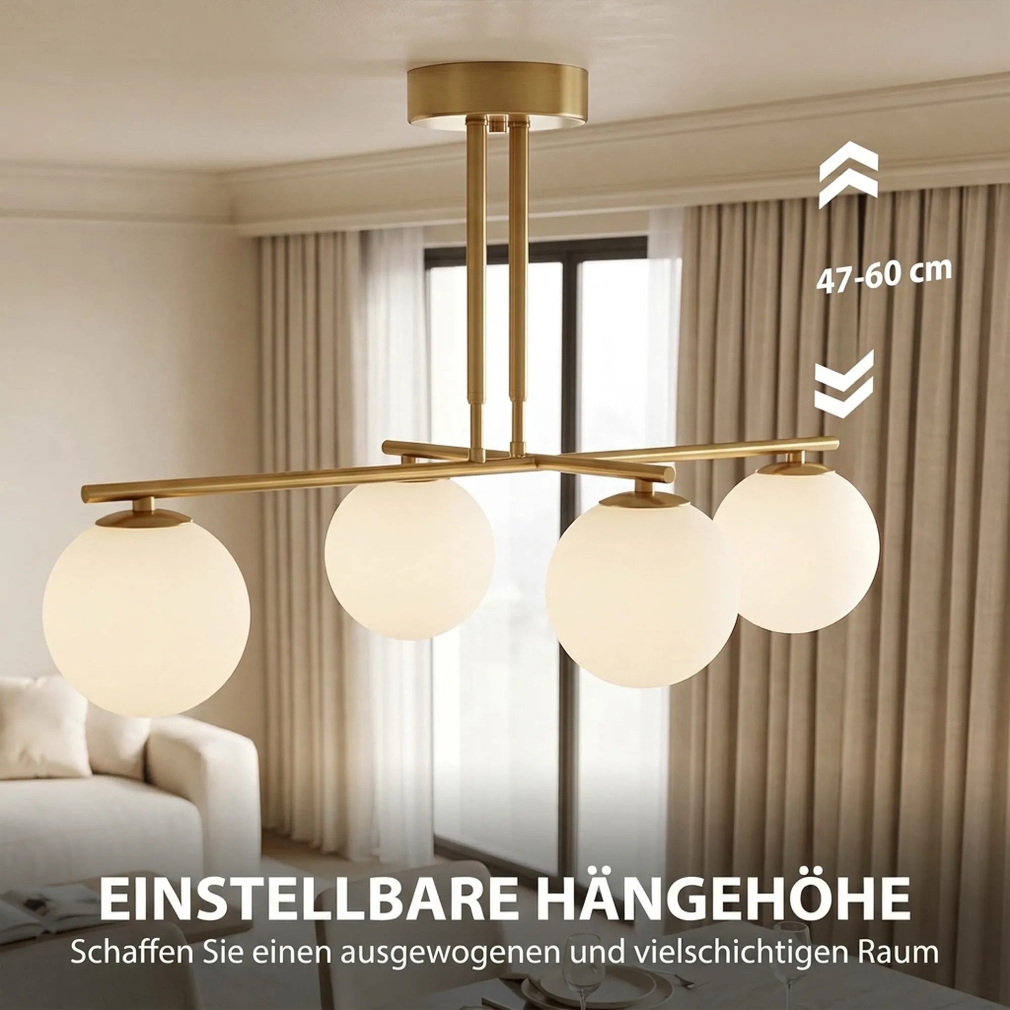 Pendelleuchte mit 4 Kugelschirmen, höhenverstellbar, Weiß-Gold